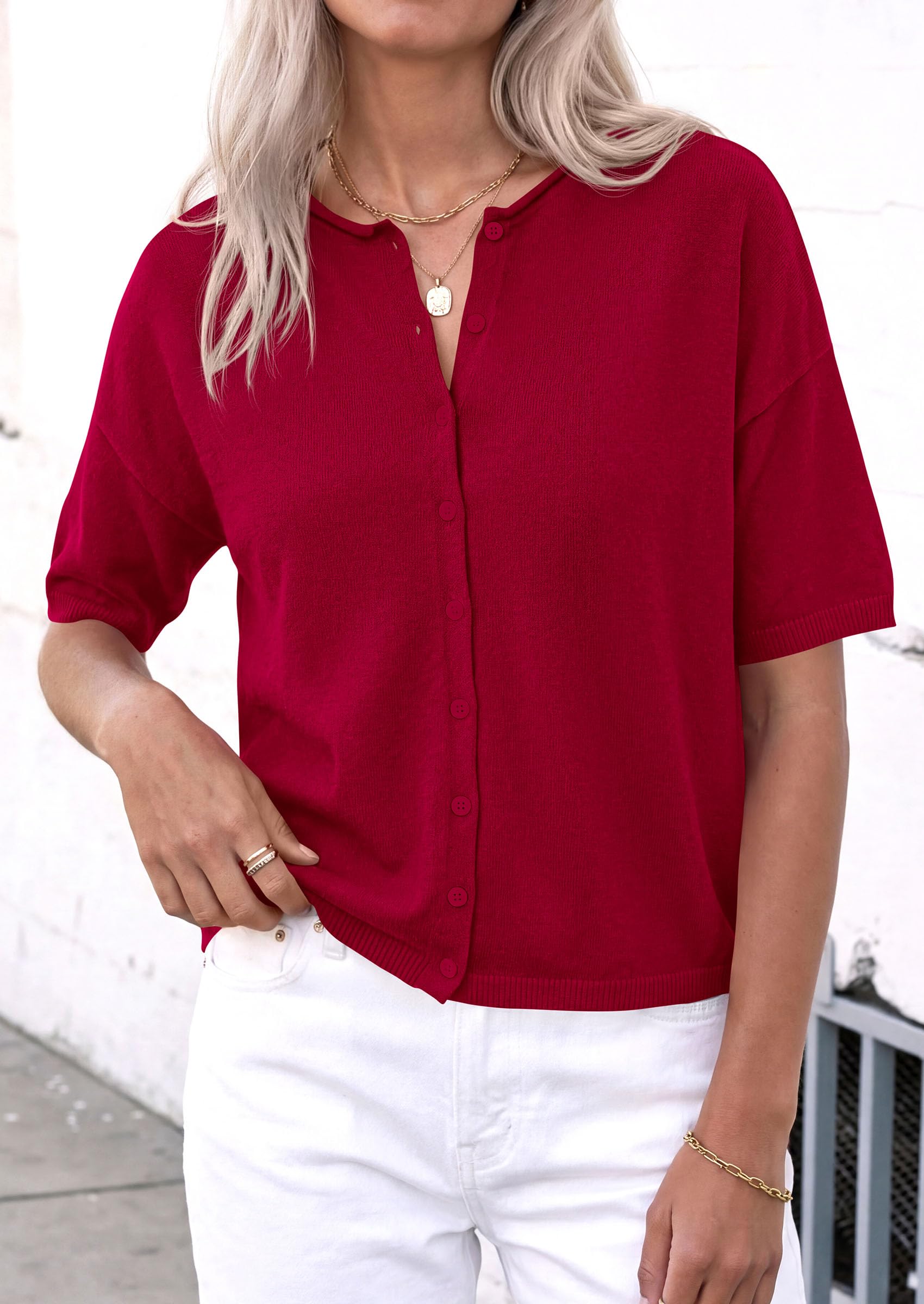 Women's Short Sleeve Cardigan Sweaters (Red,Large)