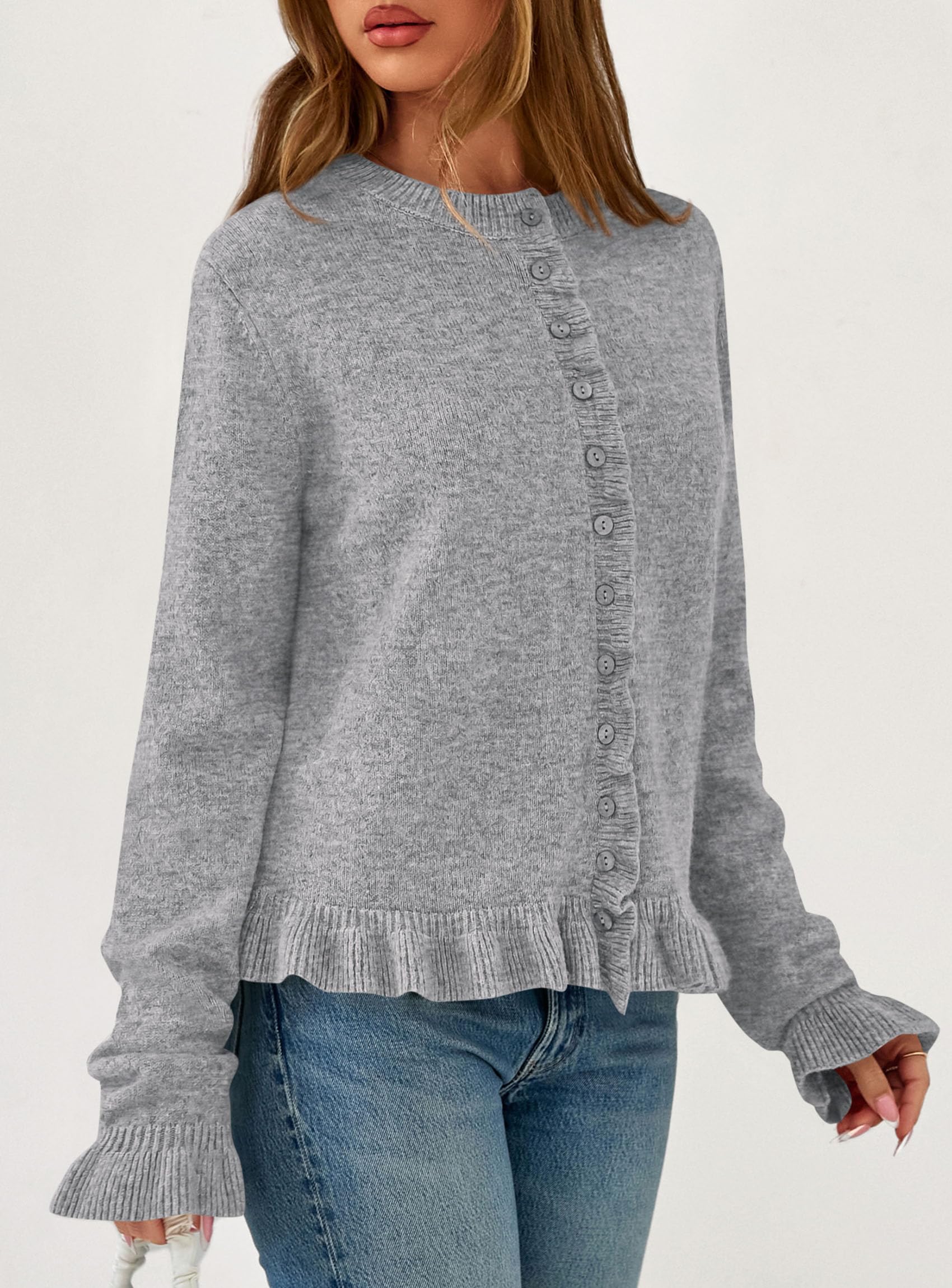 Womens Ruffle Button Down Cardigan Sweaters,Grey,S