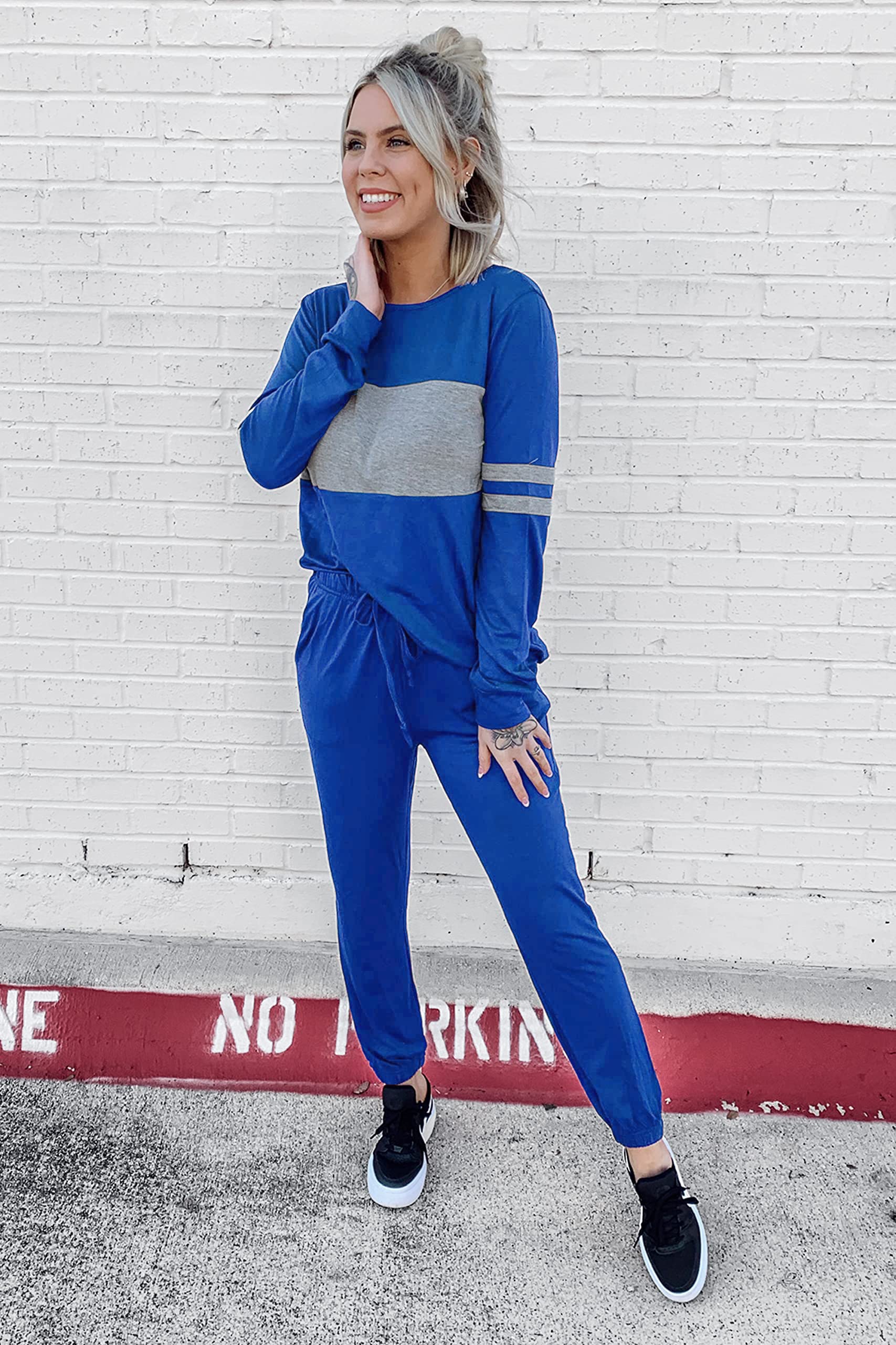 Women Color Block 2 Piece Sets Tracksuit,Dark Blue,S