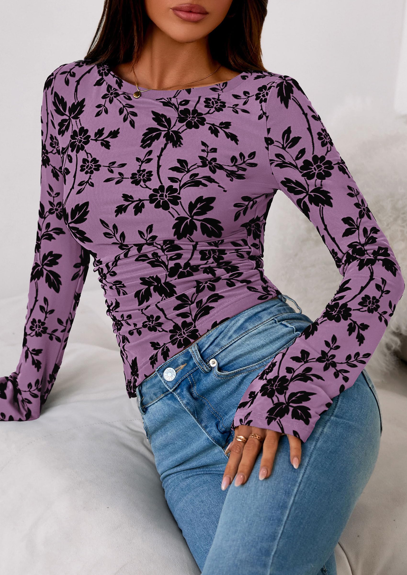 Women's Long Bell Sleeve Y2K Tops Boho Floral Mesh Blouses