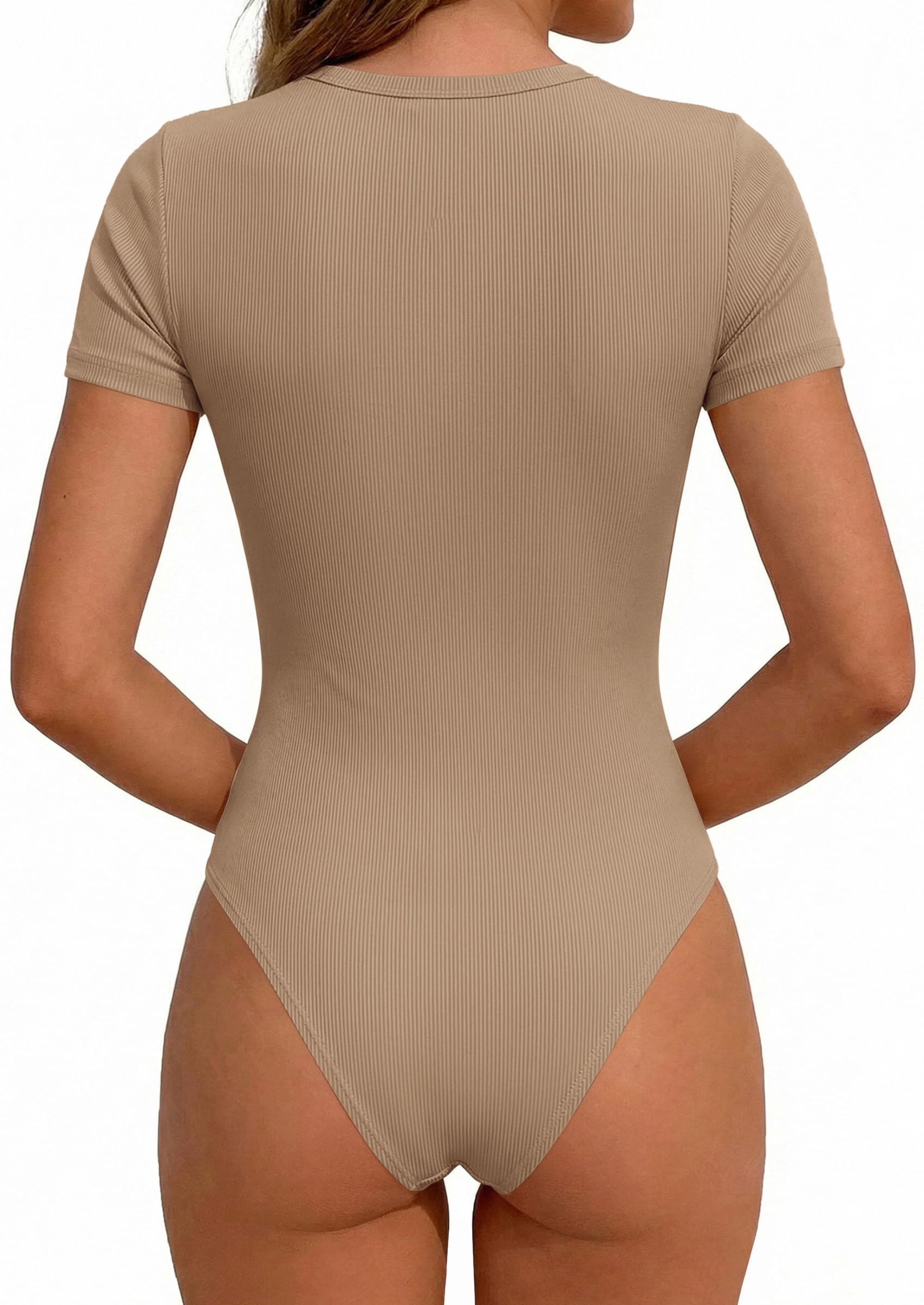 Body Suits for Womens Short Sleeve Summer Tops, Khaki,XS