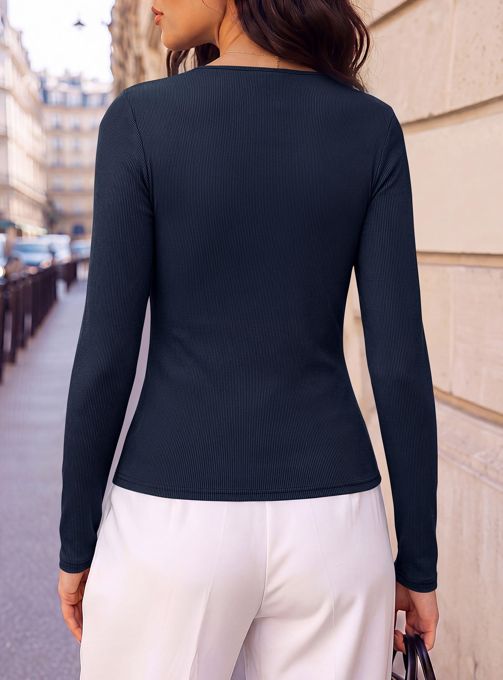 Women's Ribbed Knit V Neck Fall Blouses Long Sleeve Work Tops