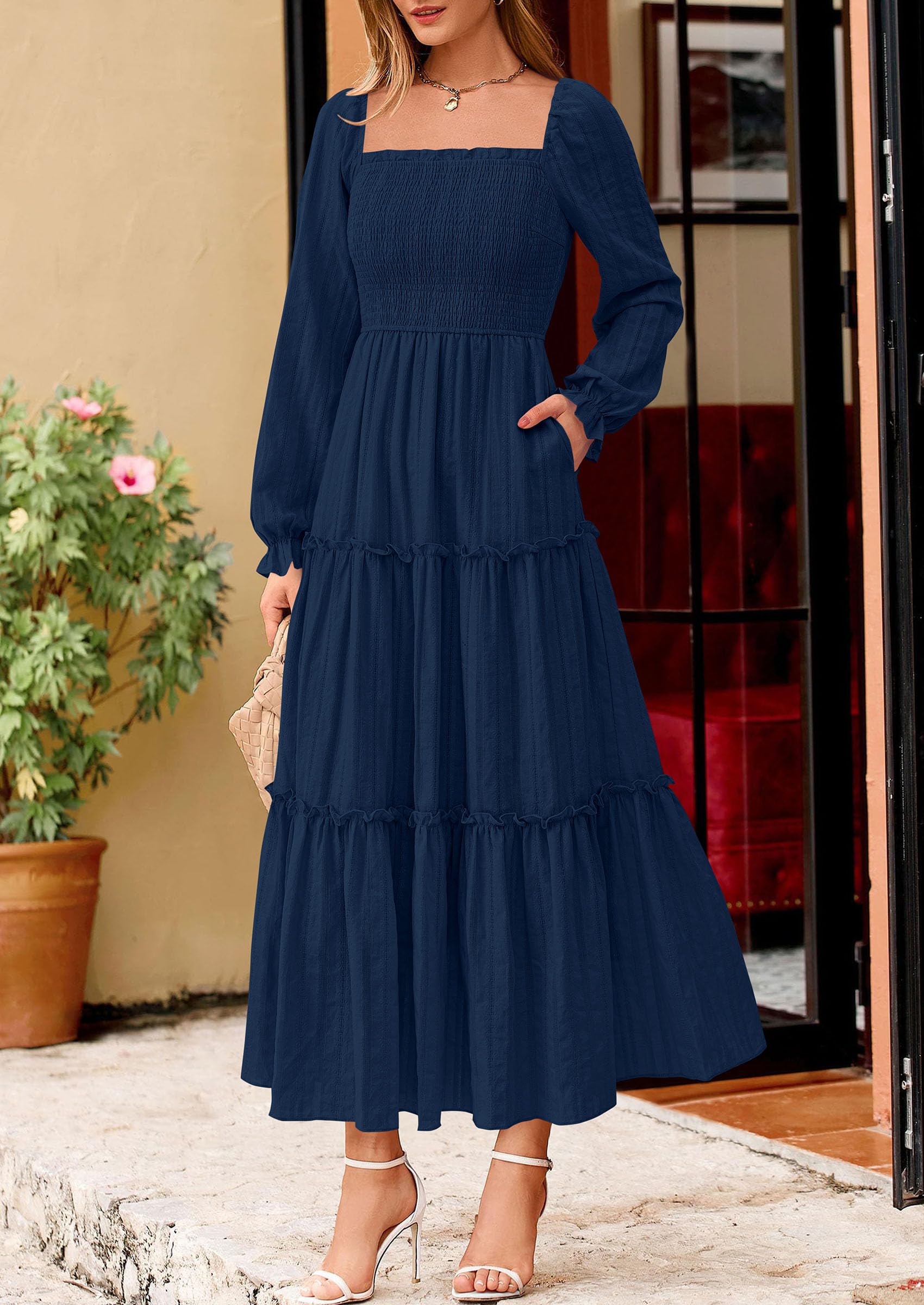 Women's Long Sleeve Ruffle Flowy Maxi Dress,Navy Blue,S