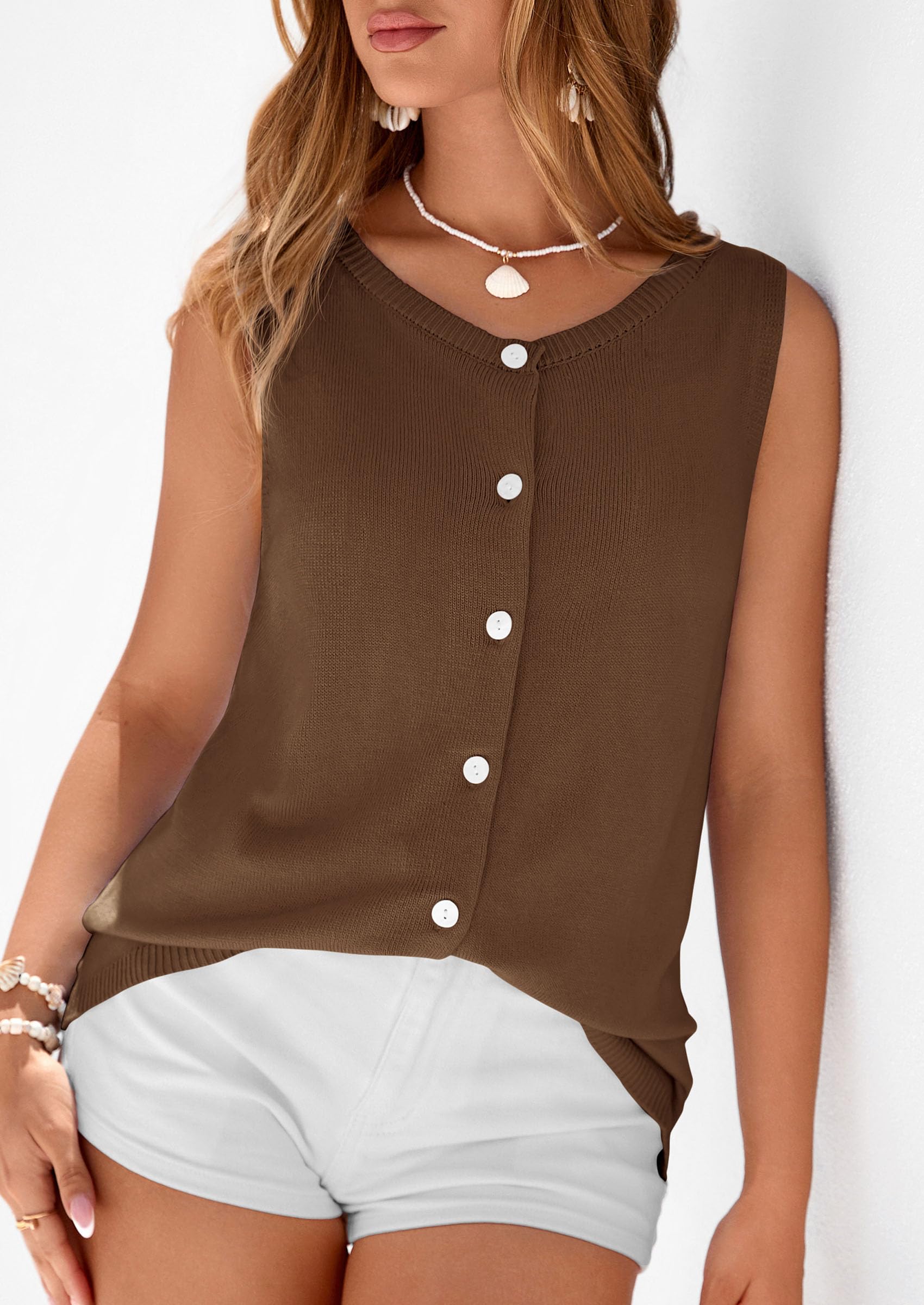 Women's Summer Button Up Sweater Vest Tops,Brown,S