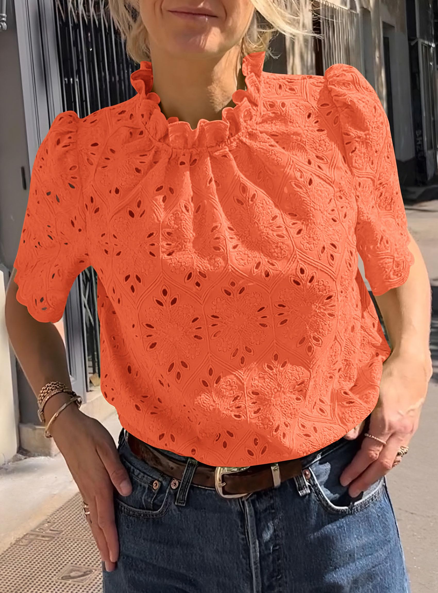 Women Summer Tops Eyelet Embroidered Shirts,Orange,XS