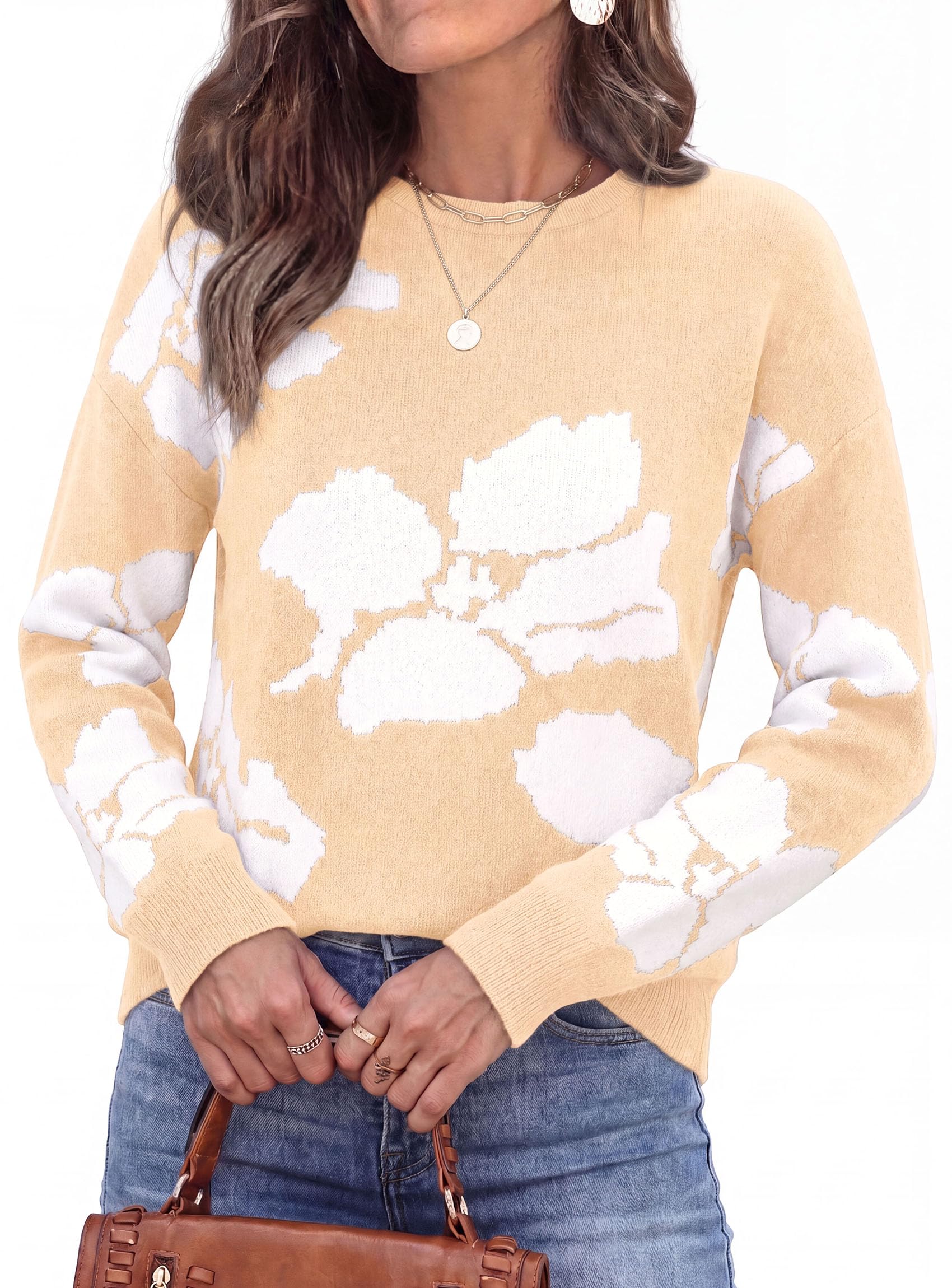 Womens Floral Sweater Crewneck Printed Pullover Tops Apricot