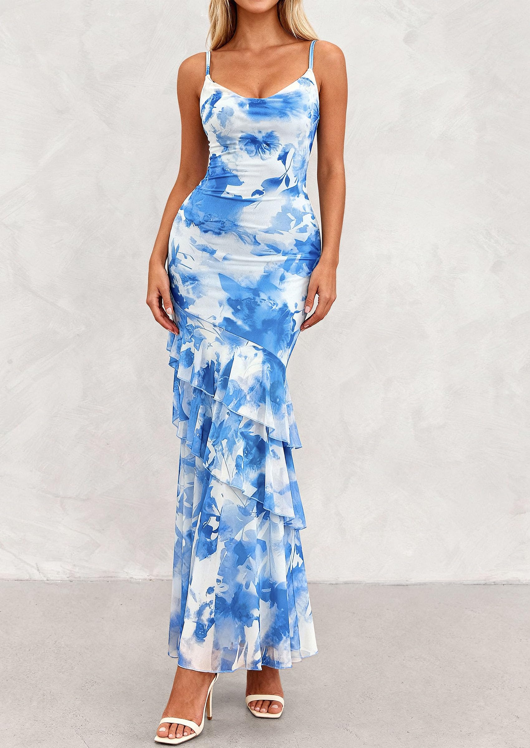 Women's Boho Floral Tiered Maxi Dress, Blue,XS