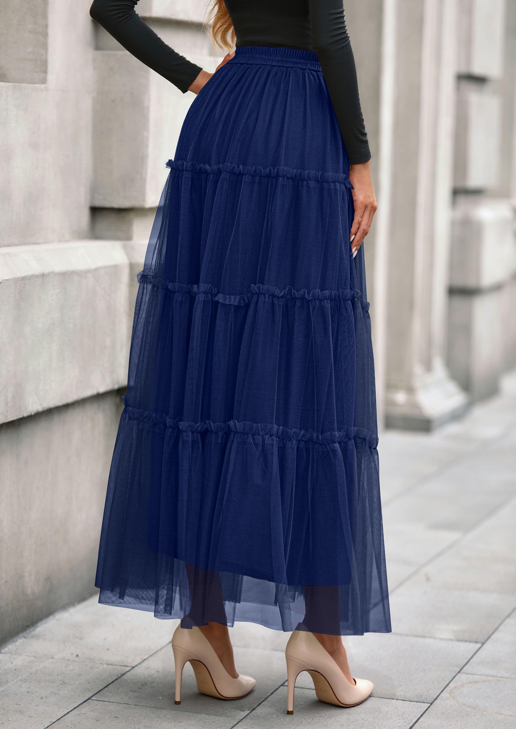 Women's Fall Soft Tulle Tiered Long Skirt,Navy Blue,S