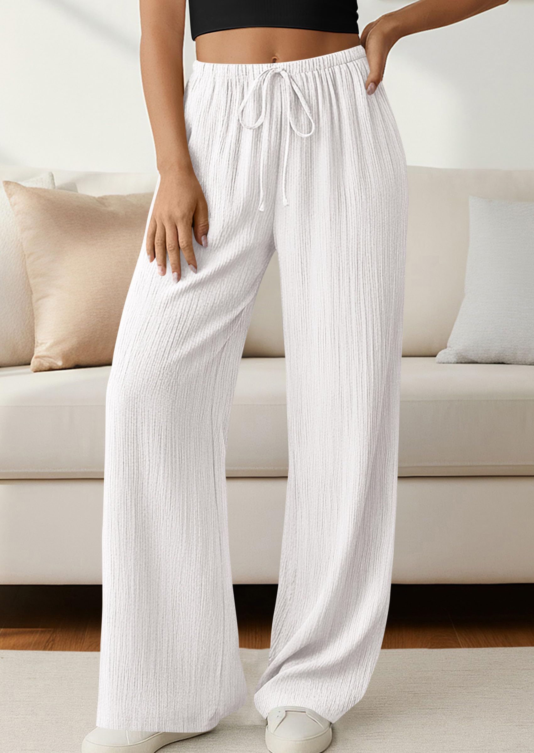 Women's Palazzo Pants Casual Wide Leg Trousers,White,S