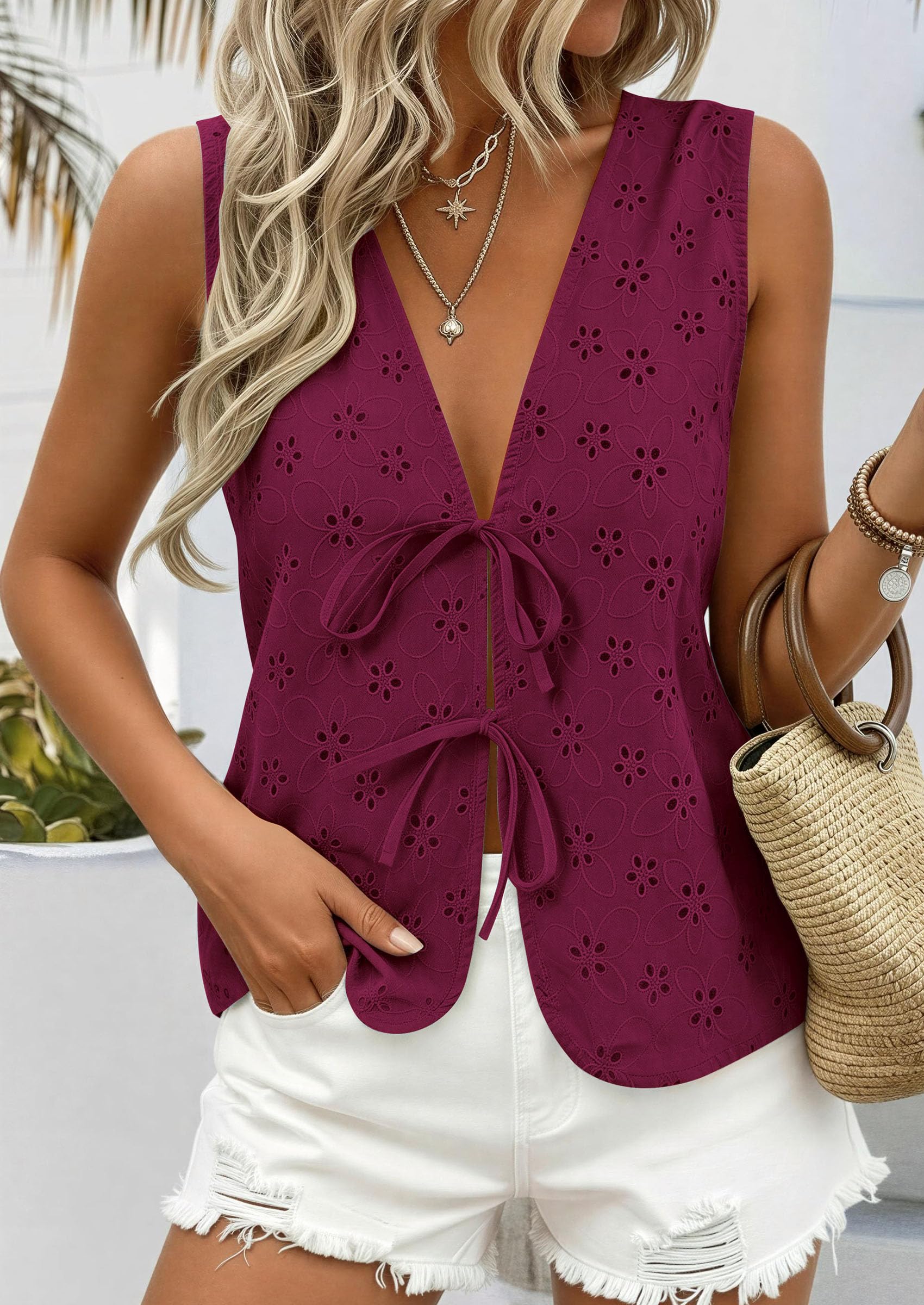 Women's Summer Eyelet Lace Tie Front Vest Tops (Burgundy,S)