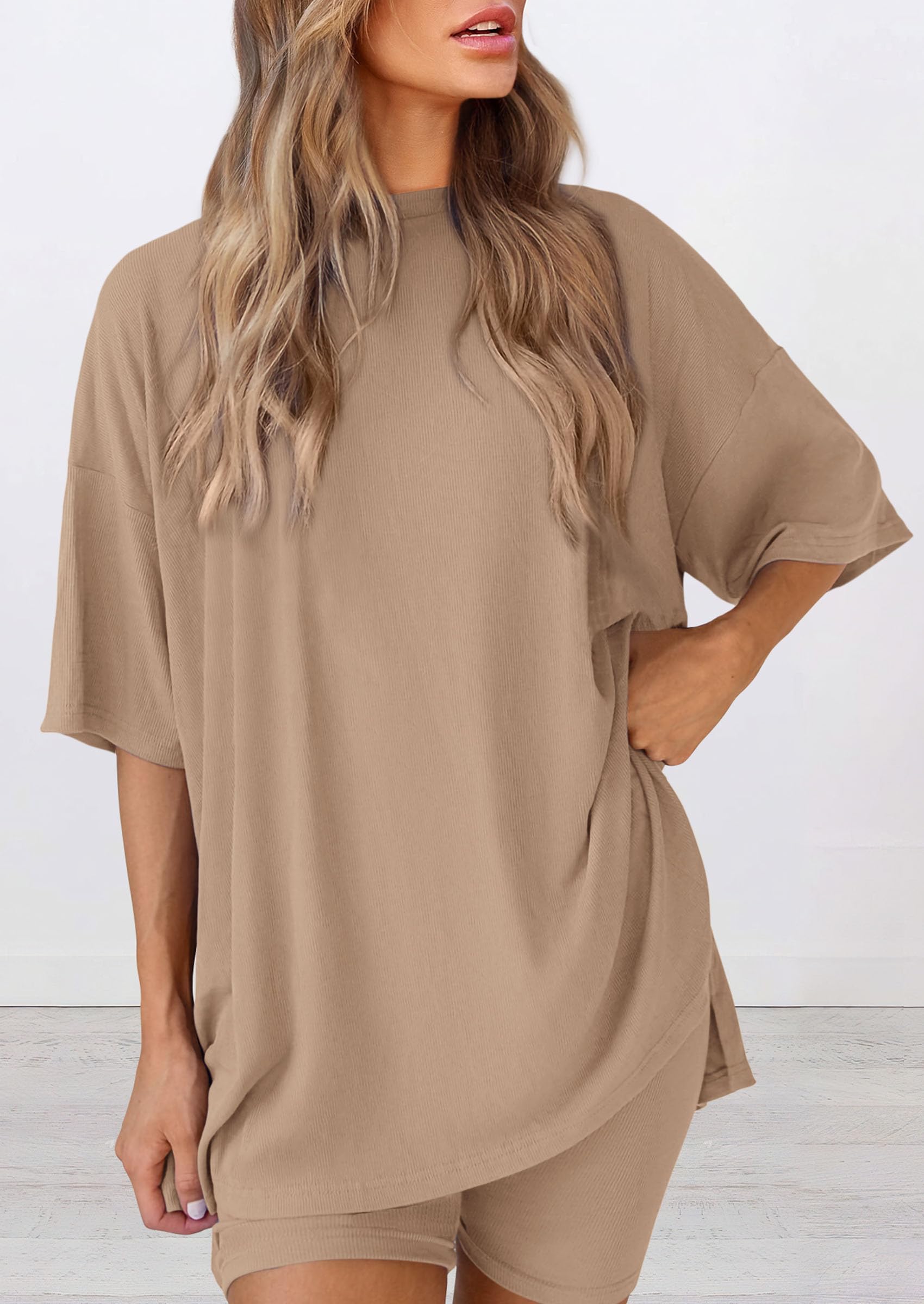 Women 2 Piece Lounge Set Airport Travel Outfit, Khaki,S
