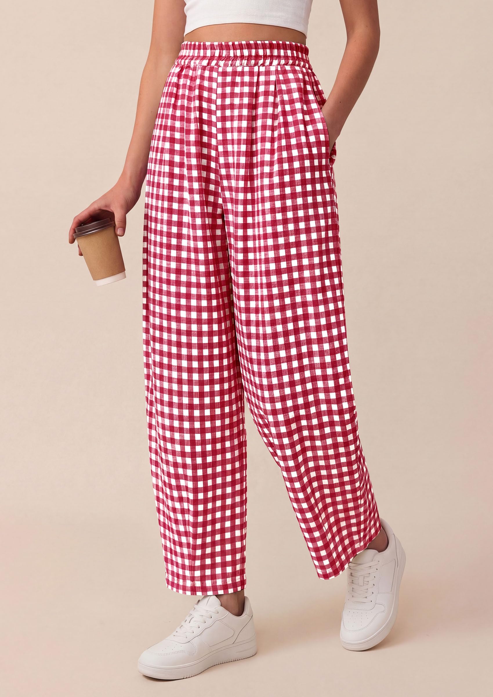 Plaid Barrel Pants Women Summer Bottoms, Red Plaid,S