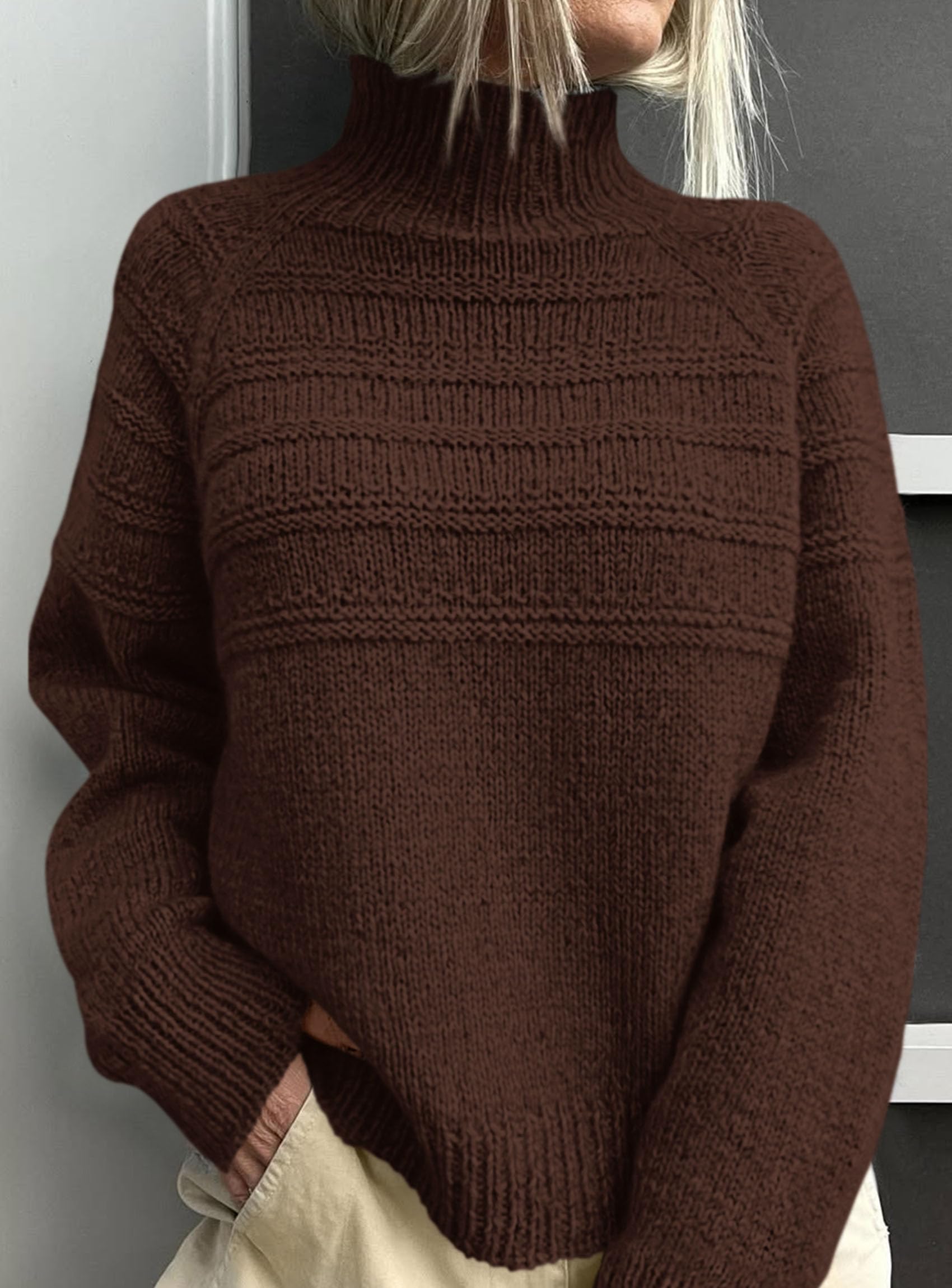 Women's Chunky Knit Mock Neck Pullover Sweaters,Brown,S