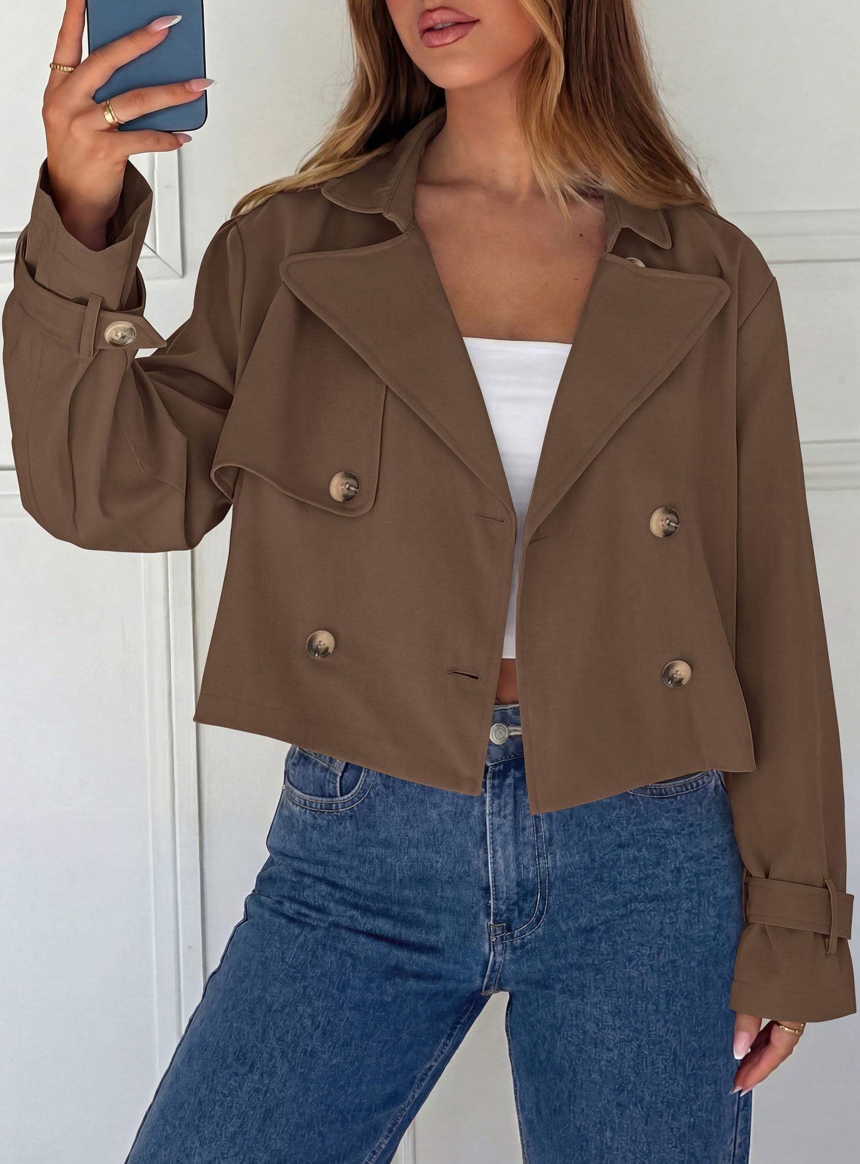 Cropped Trench Coat For Women Short Jacket,Brown,S