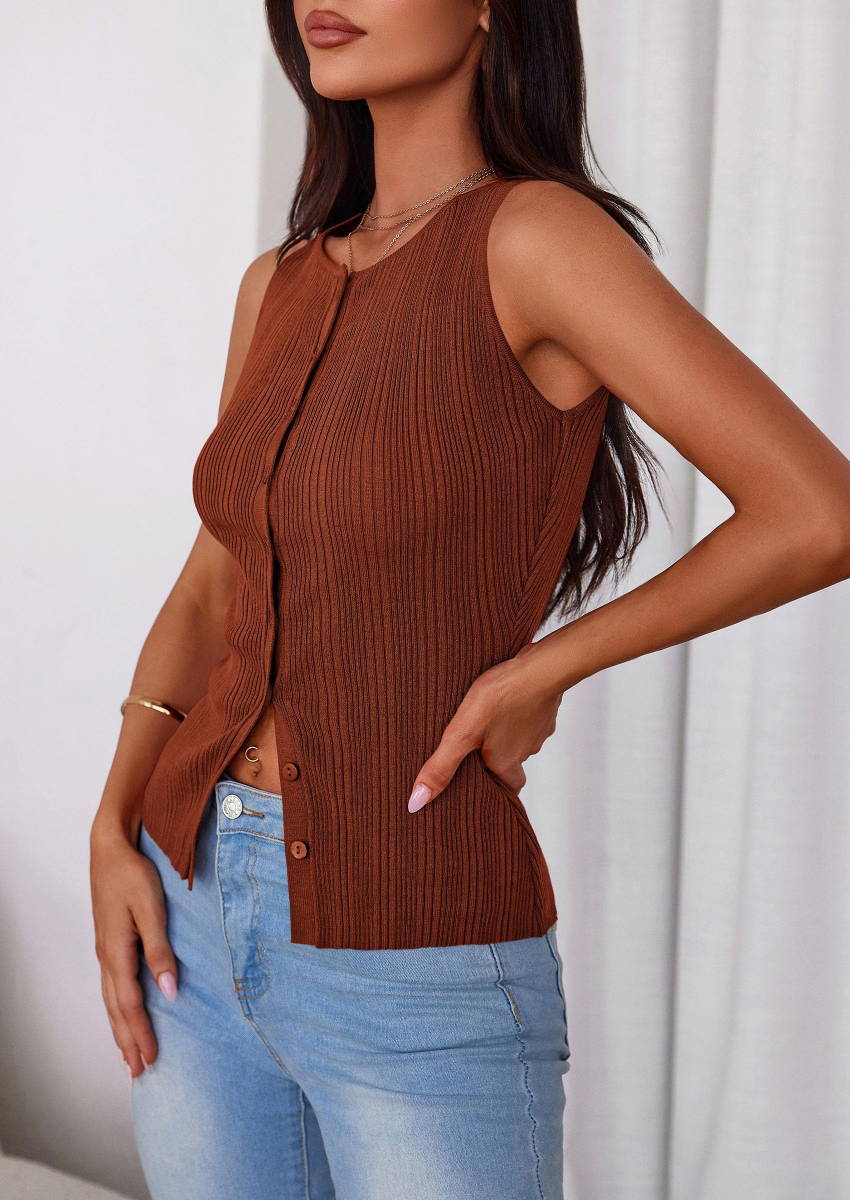 Sleeveless Button Down Shirts for Women Summer 2026 Going Out Ribbed Knit Tank Tops Y2K Clothes Trendy Vest Tops Caramel