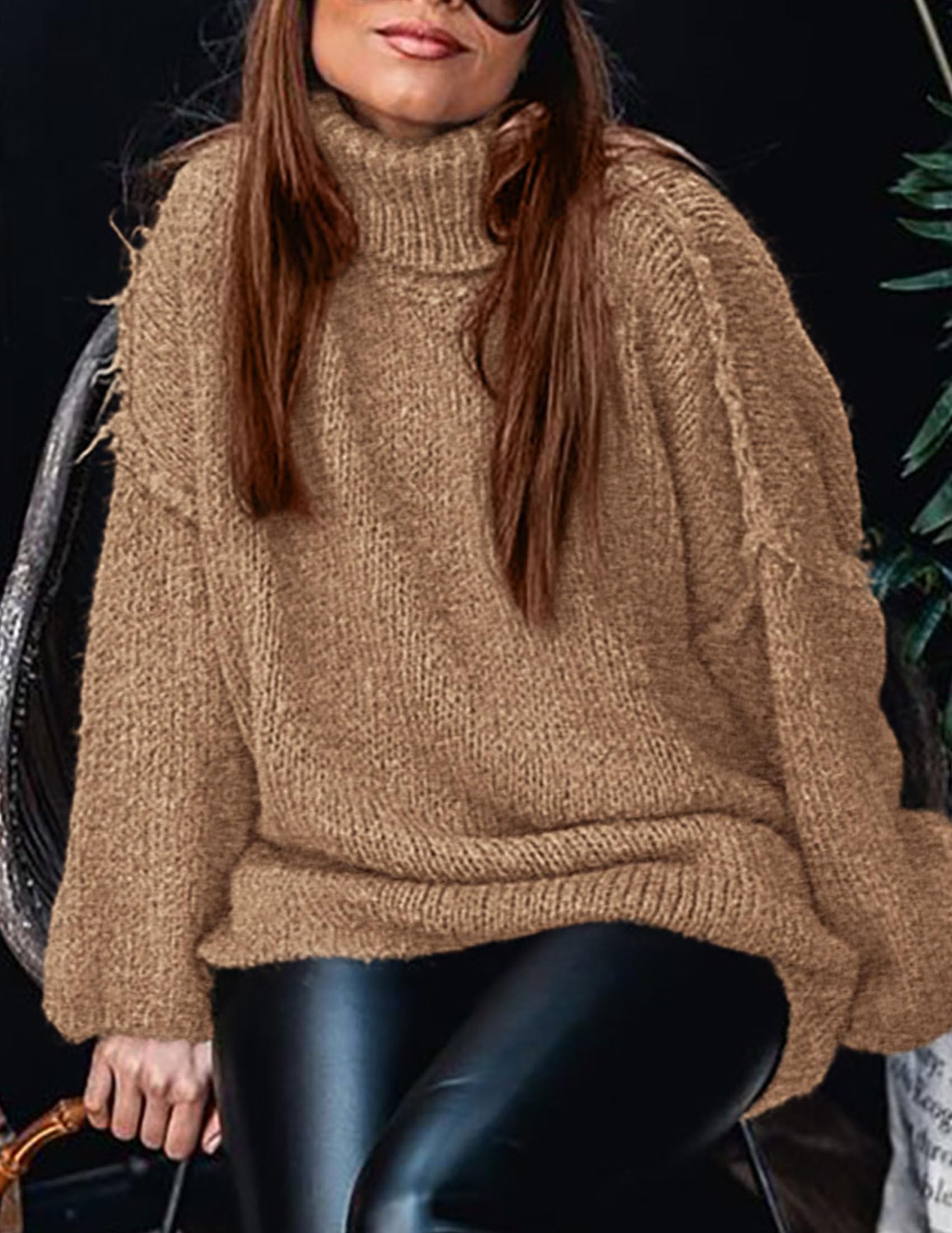 Womens Turtleneck Long Sleeve Oversized Sweaters,Camel,S