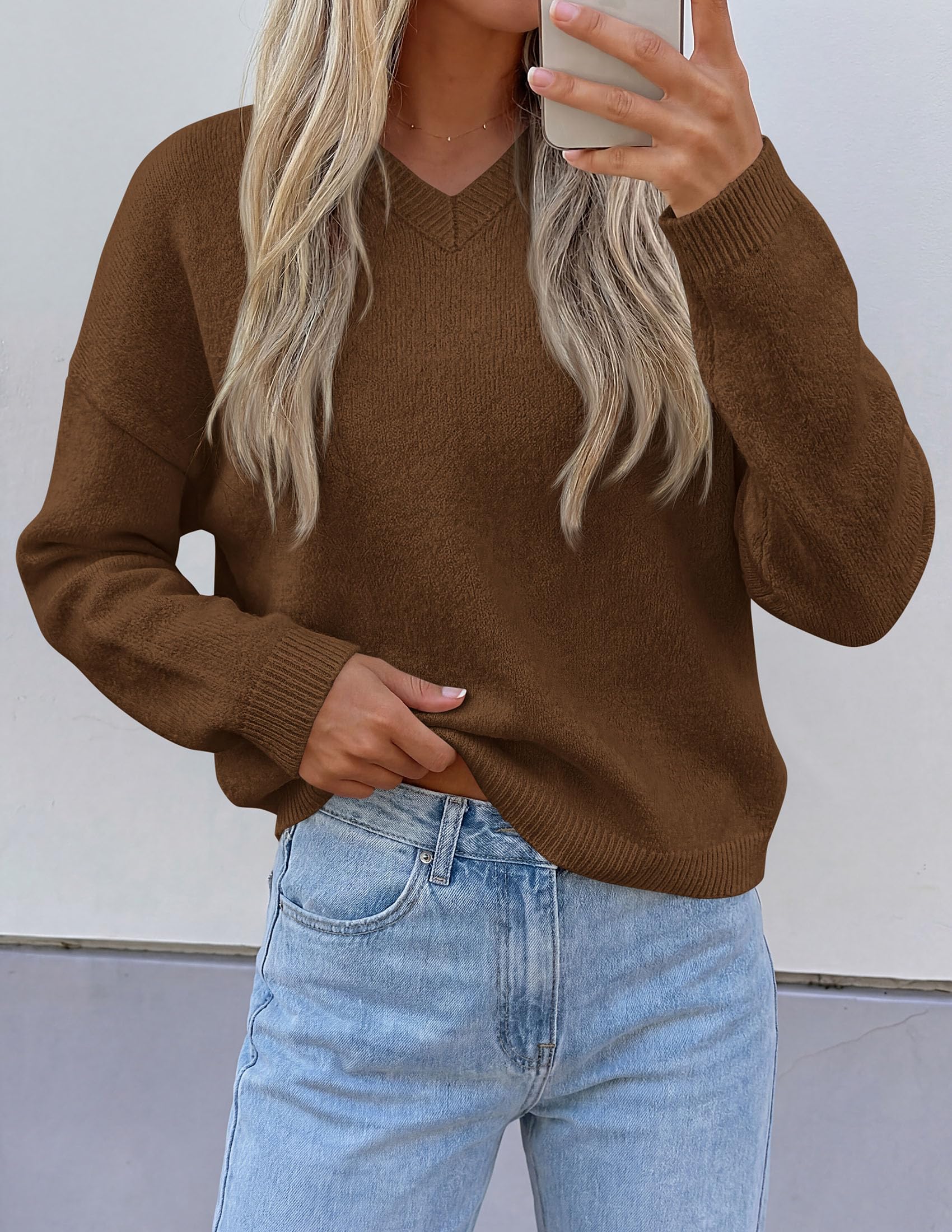 Women's Cozy Sweaters Fall Fashion V Neck Tops Brown,S