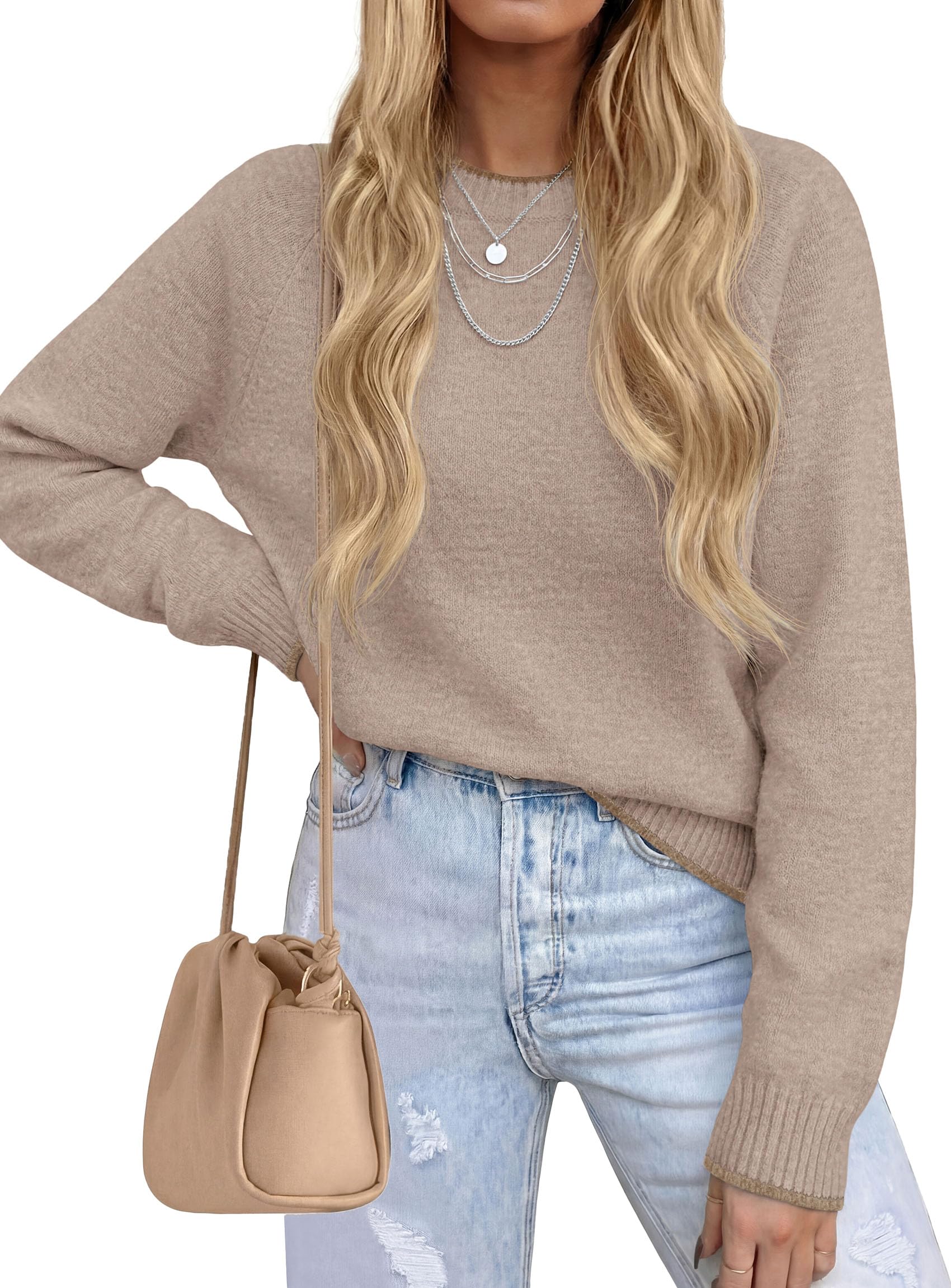 Womens Crewneck Fall Sweaters Pullover Tops,Khaki,S