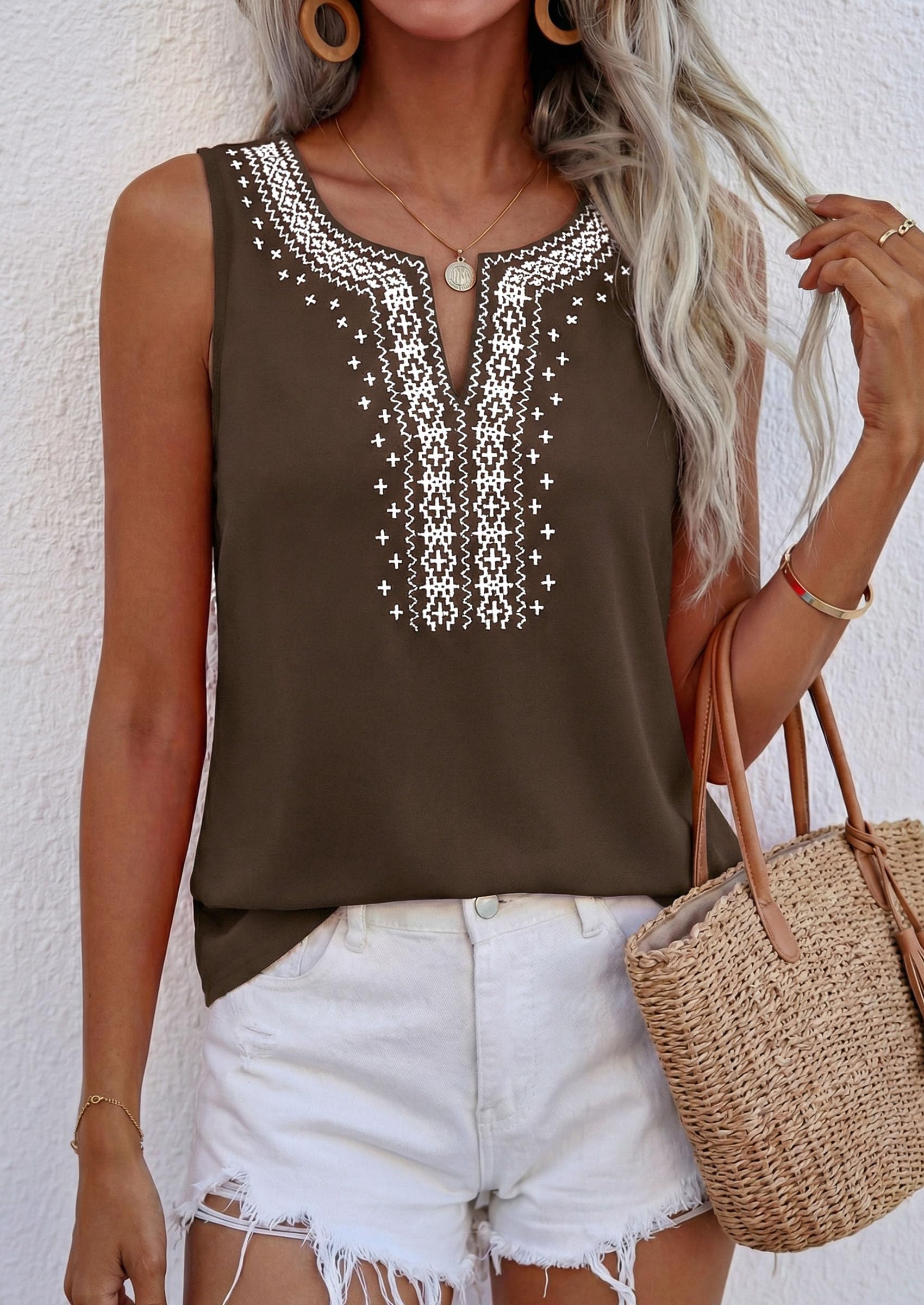 Womens Embroidered Sleeveless Tank Tops Brown,S