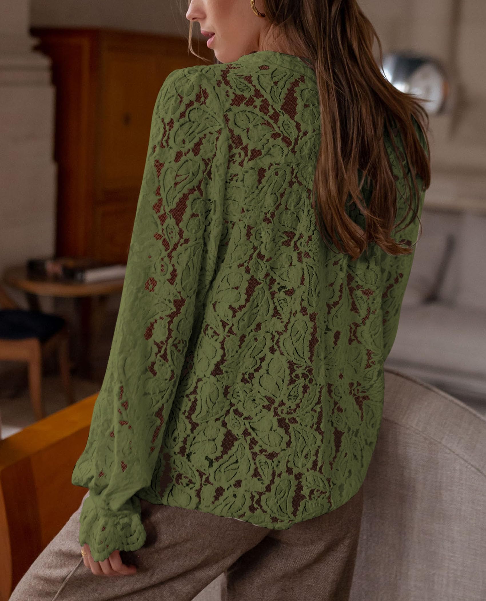Women's Fall Trendy Long Sleeve Lace Tops(Army Green,Small)