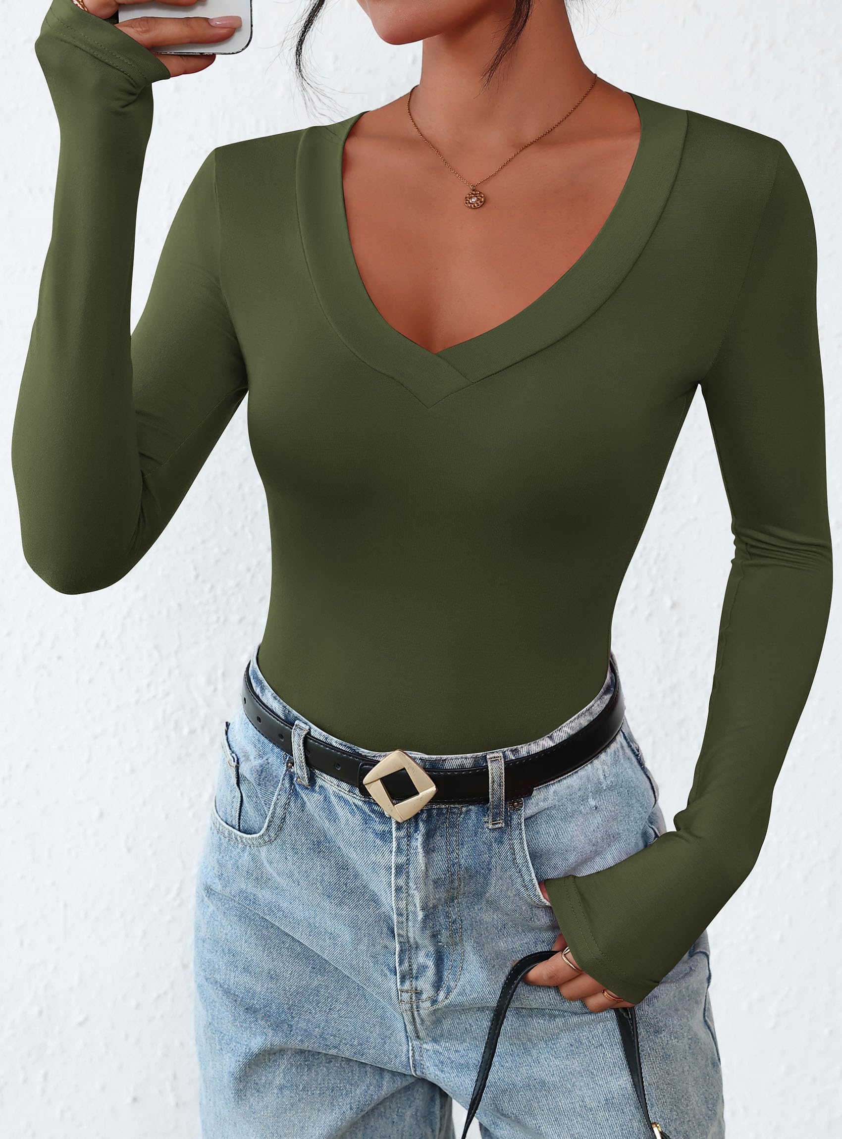 Women's V Neck Long Sleeve Shirts,Army Green,X-S