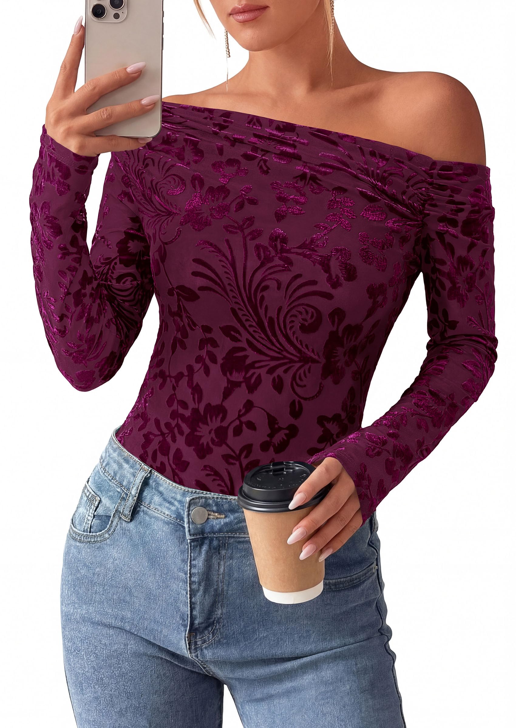 Off the Shoulder Tops for Women Fall Mesh Floral Blouses