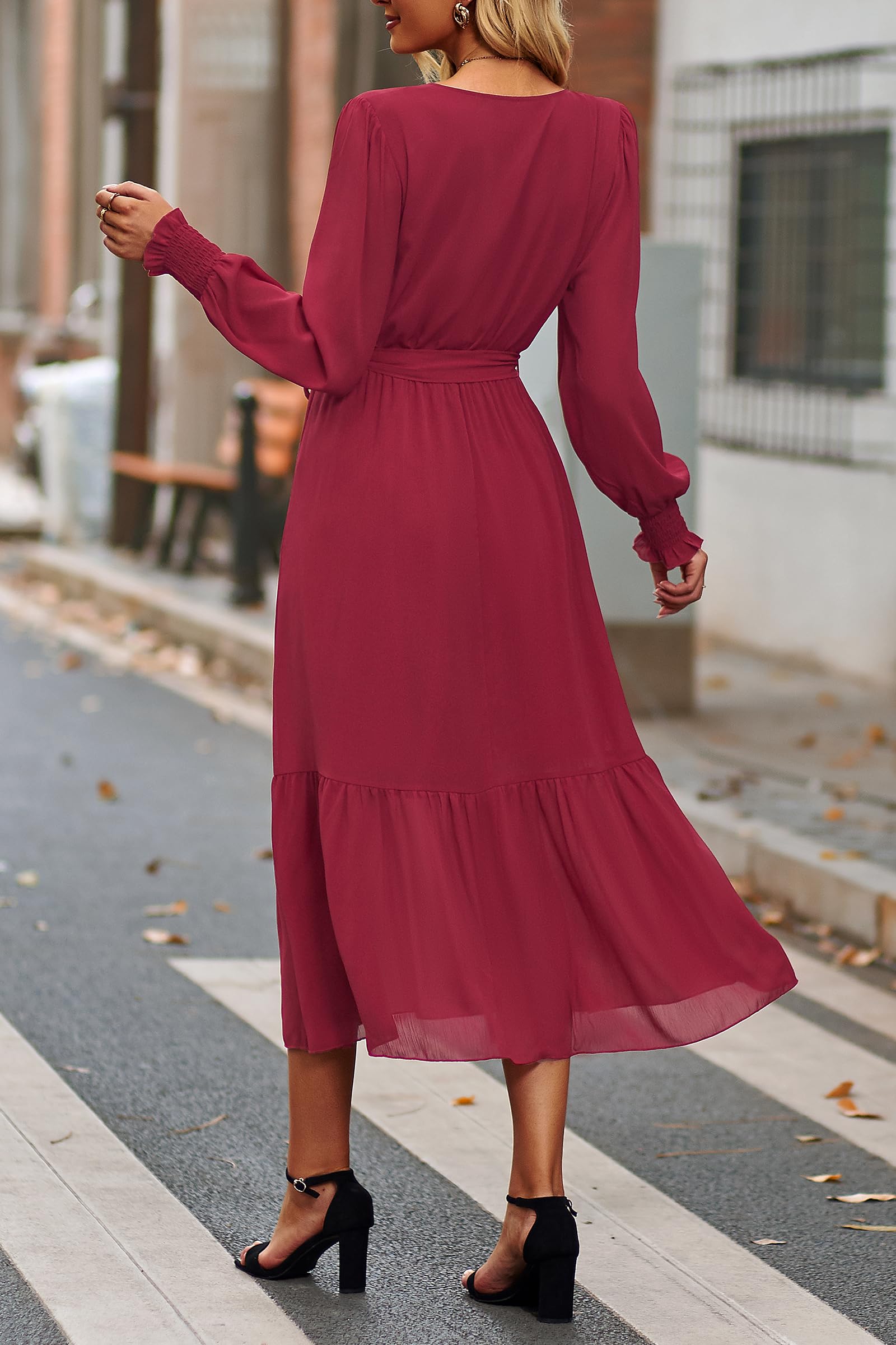 Women's Boho Long Sleeve Maxi Dress, Solid Wine Red,S
