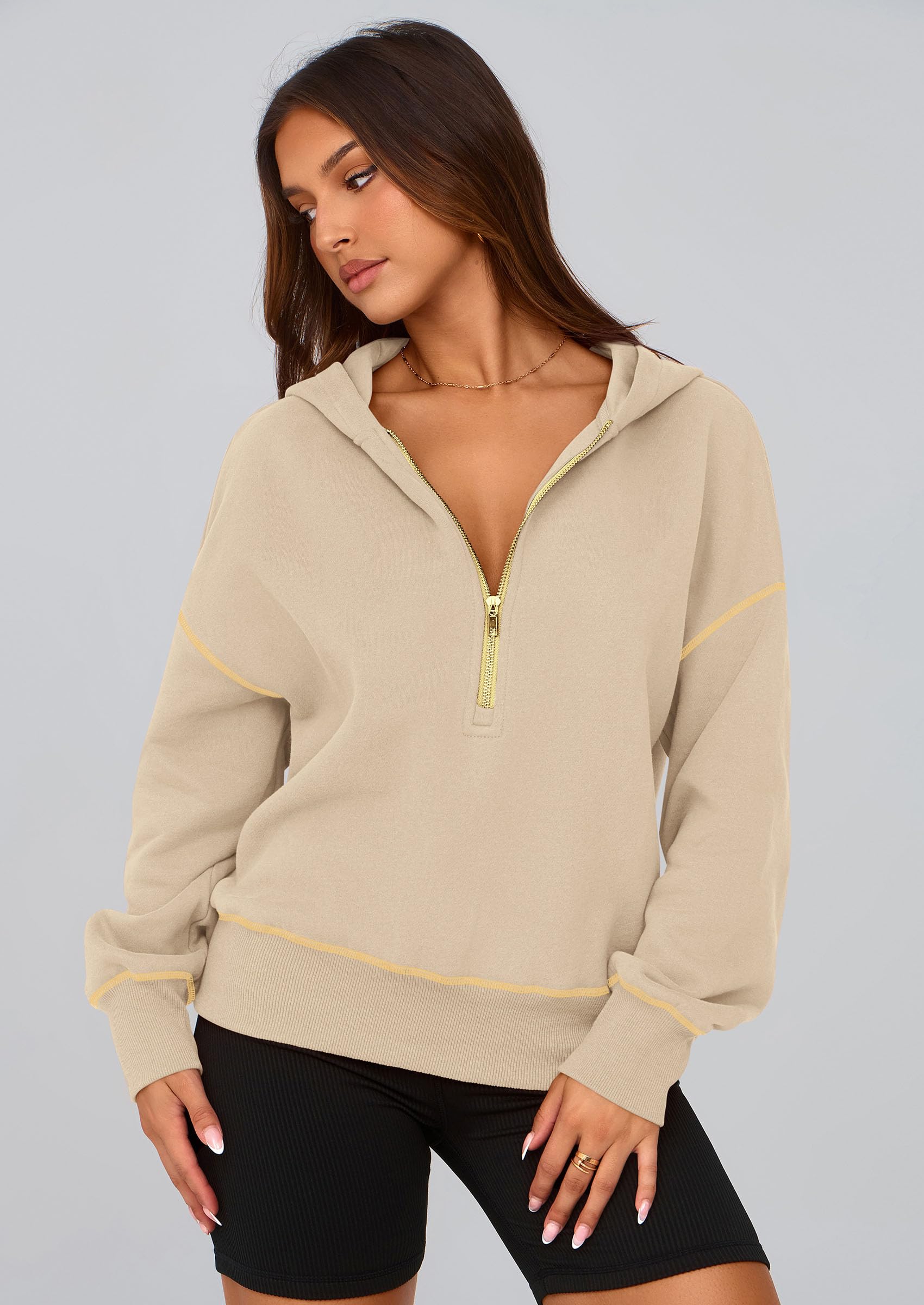 Women's Fall Half Zip Cropped Hoodie Sweatshirt Beige