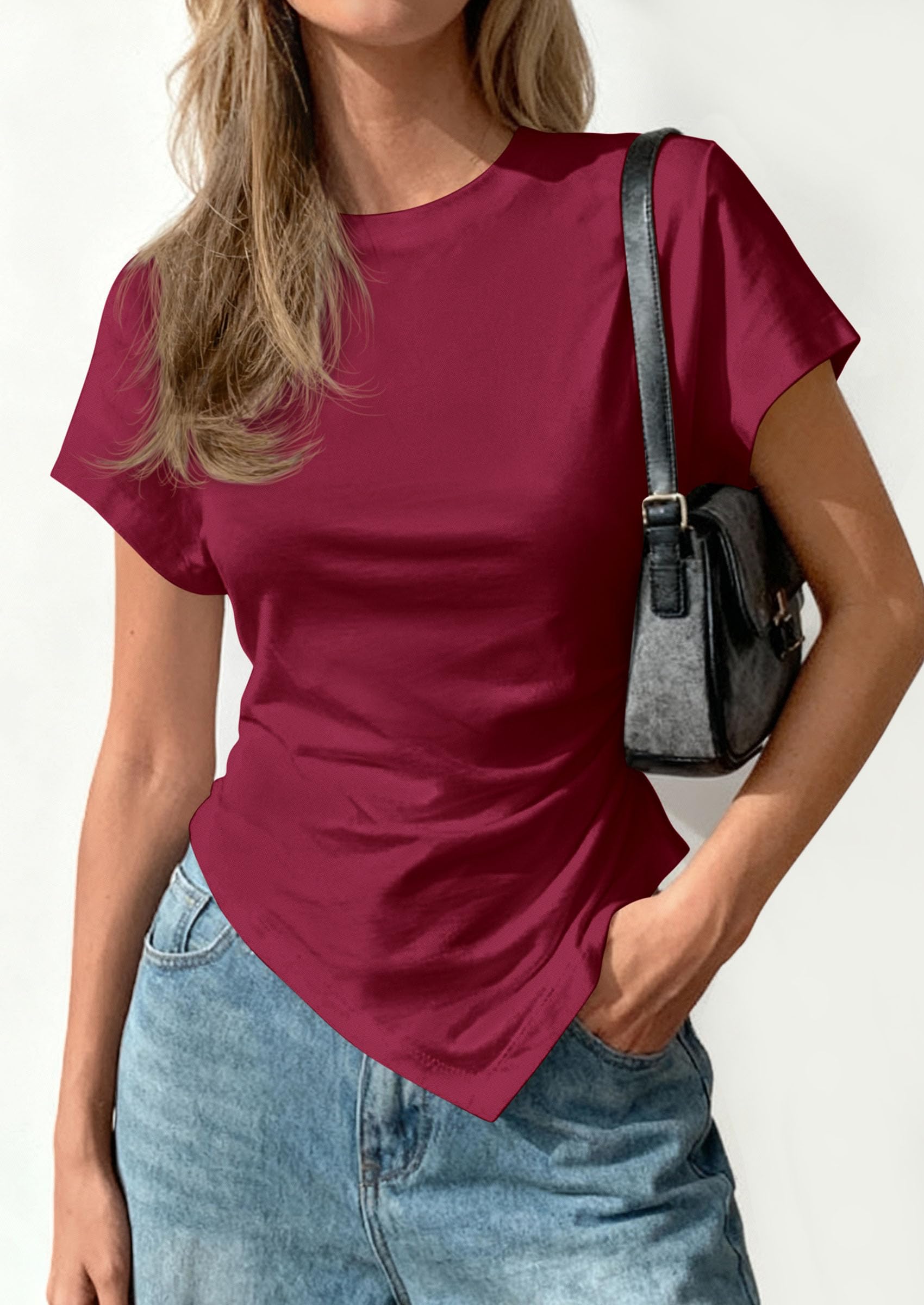 Womens Asymmetrical Summer Short Sleeve Tops,Wine Red,XS