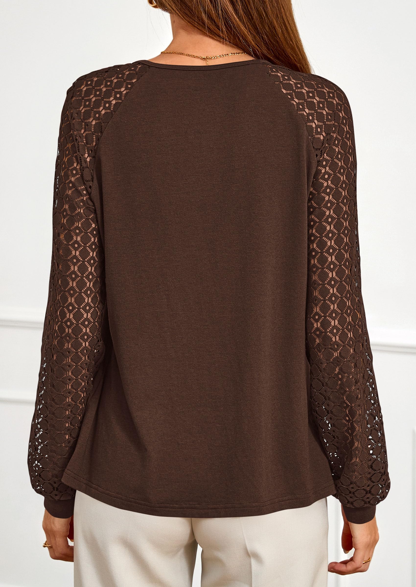 Women's Long Sleeve Shirts Fall Lace Tops,Brown,S