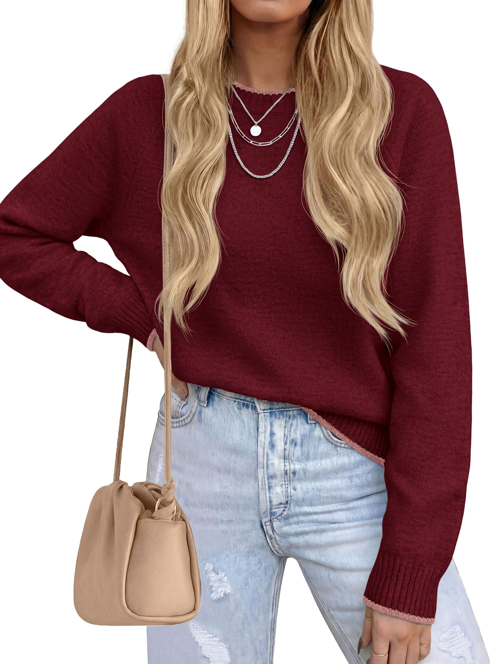 Womens Crewneck Fall Sweaters Pullover Tops,Wine Red,S