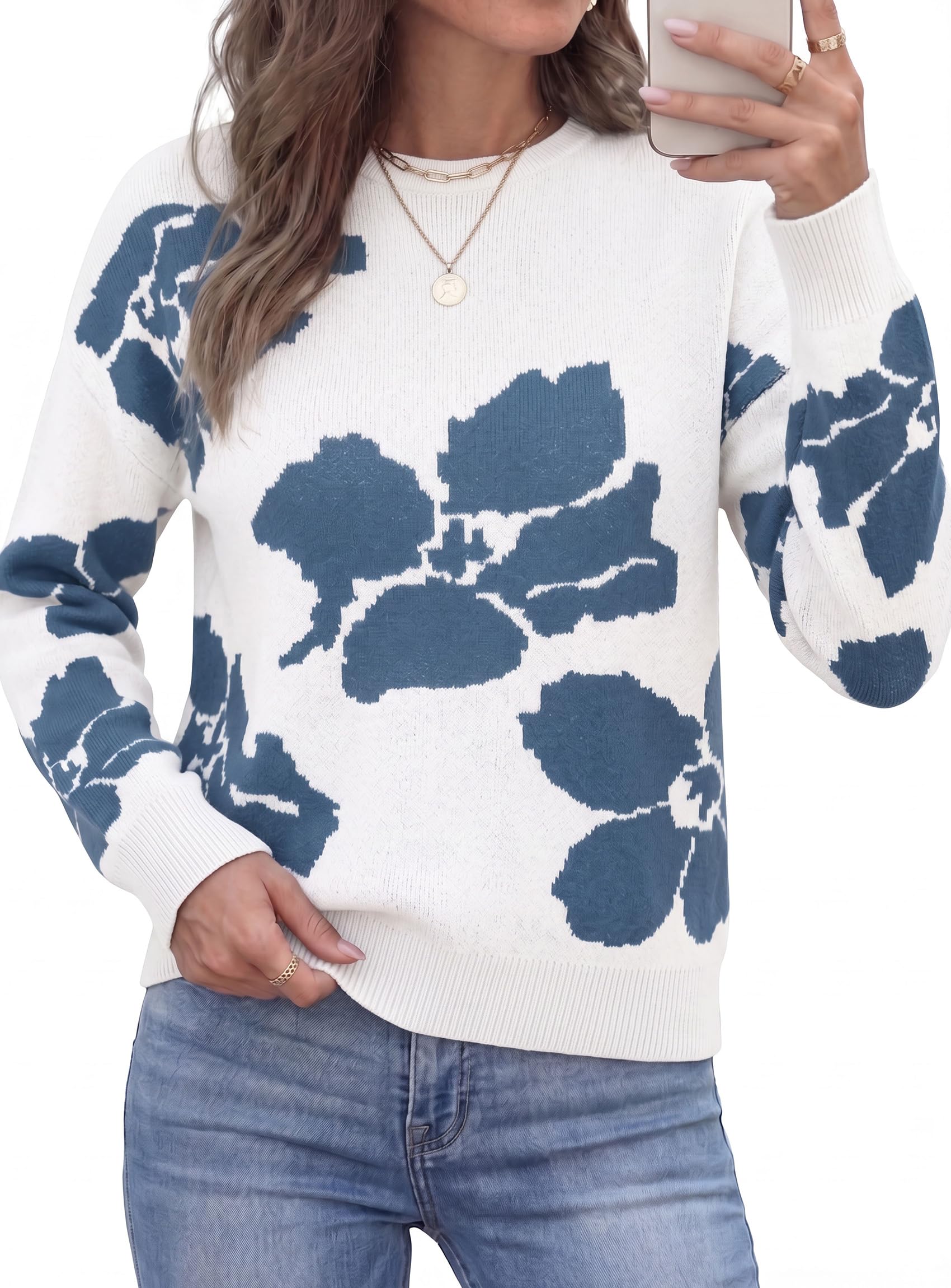 Womens Floral Sweater Crewneck Printed Pullover Tops