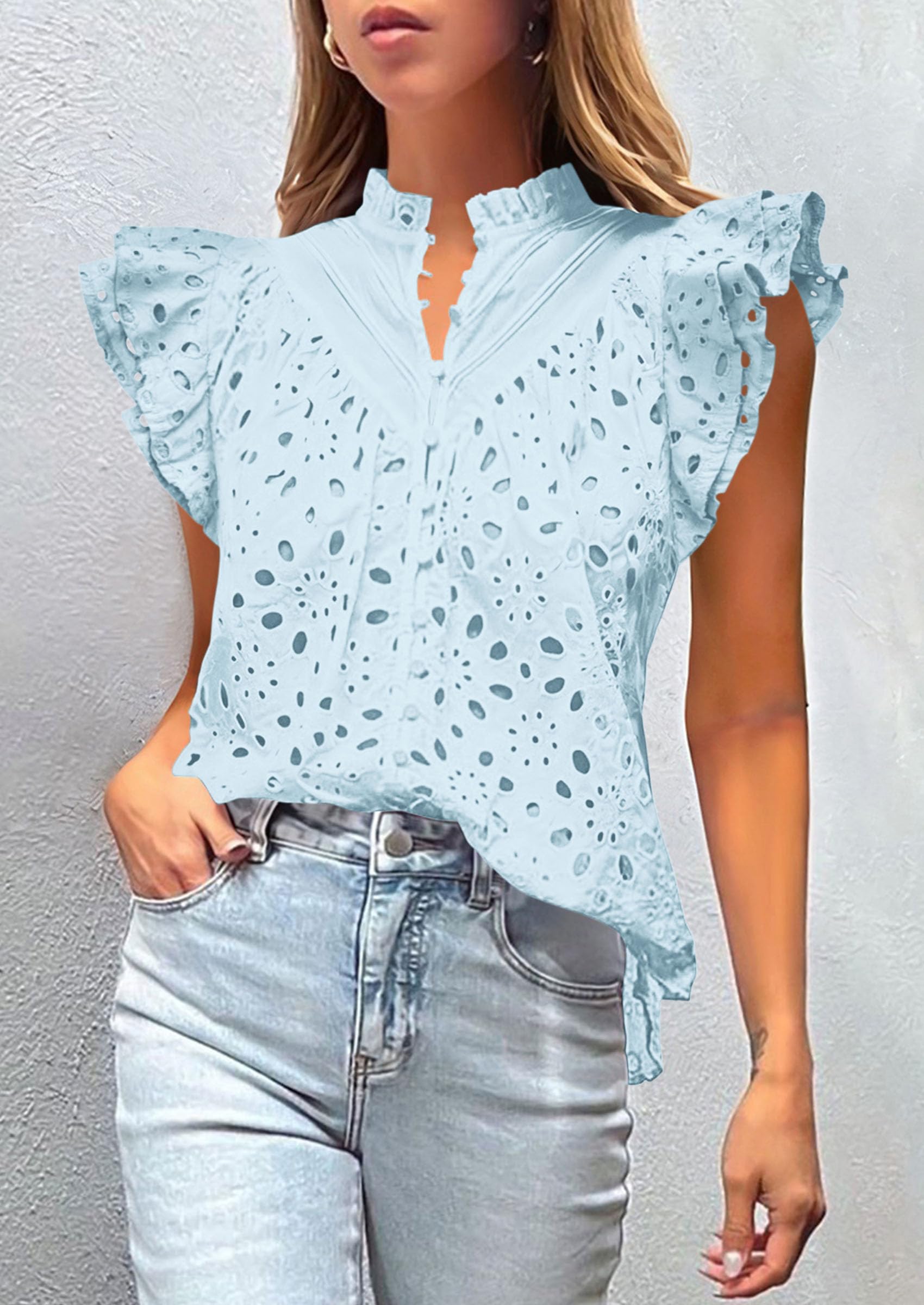 Women's Eyelet V Neck Summer Tops Dressy Casual Light Blue,S