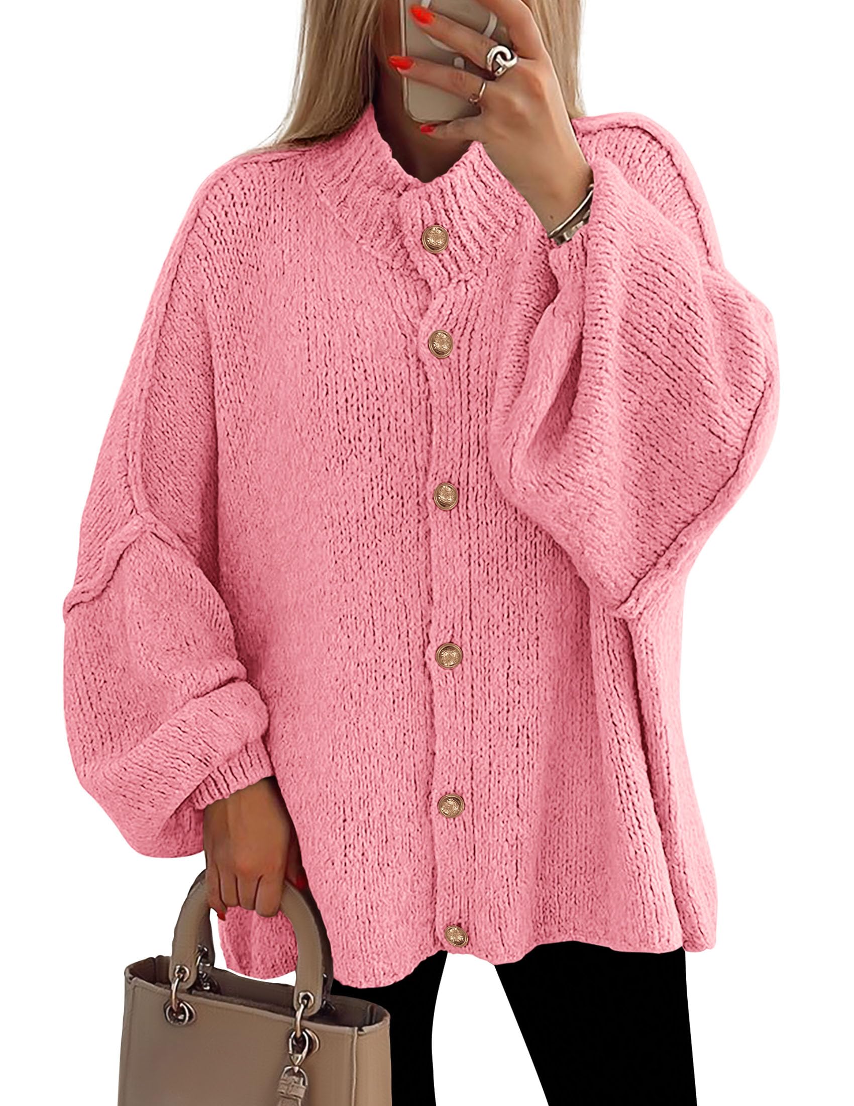 Women's Oversized Chunky Cardigan Sweaters(Pink,Small)