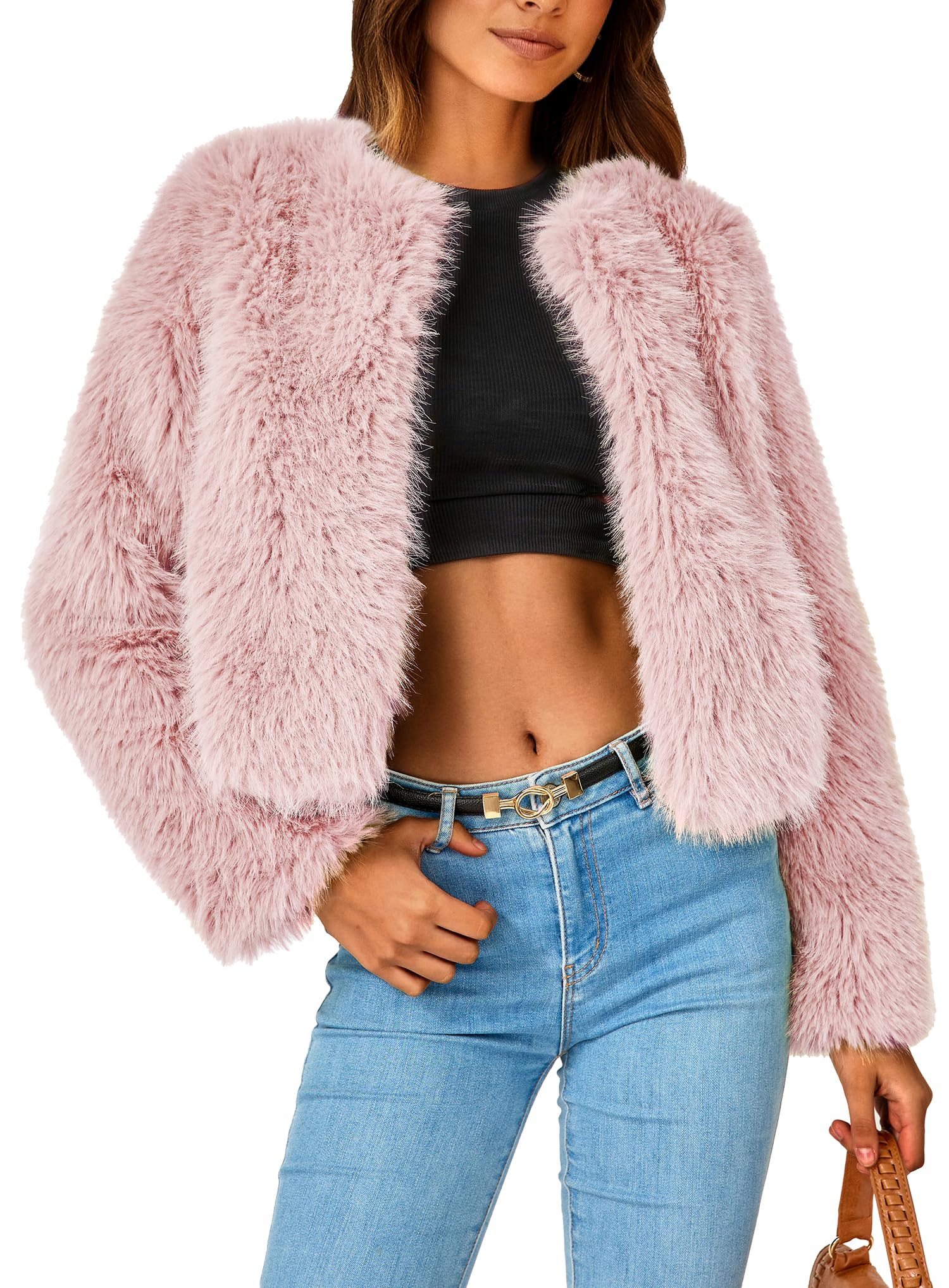 Women's Winter Cropped Faux Fur Coats(Pink,Small)