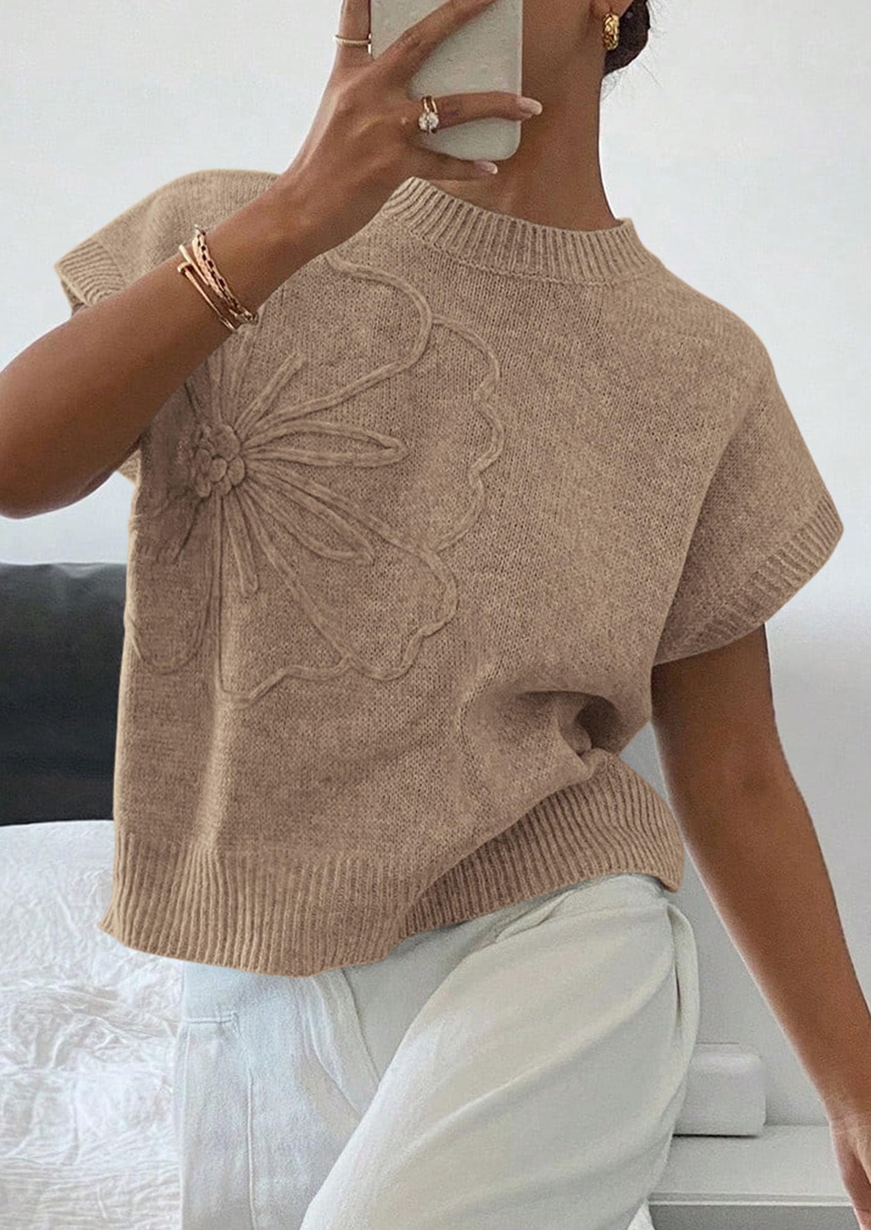 Women's Summer Short Cap Sleeve Sweater Vest (Grey Khaki,S)