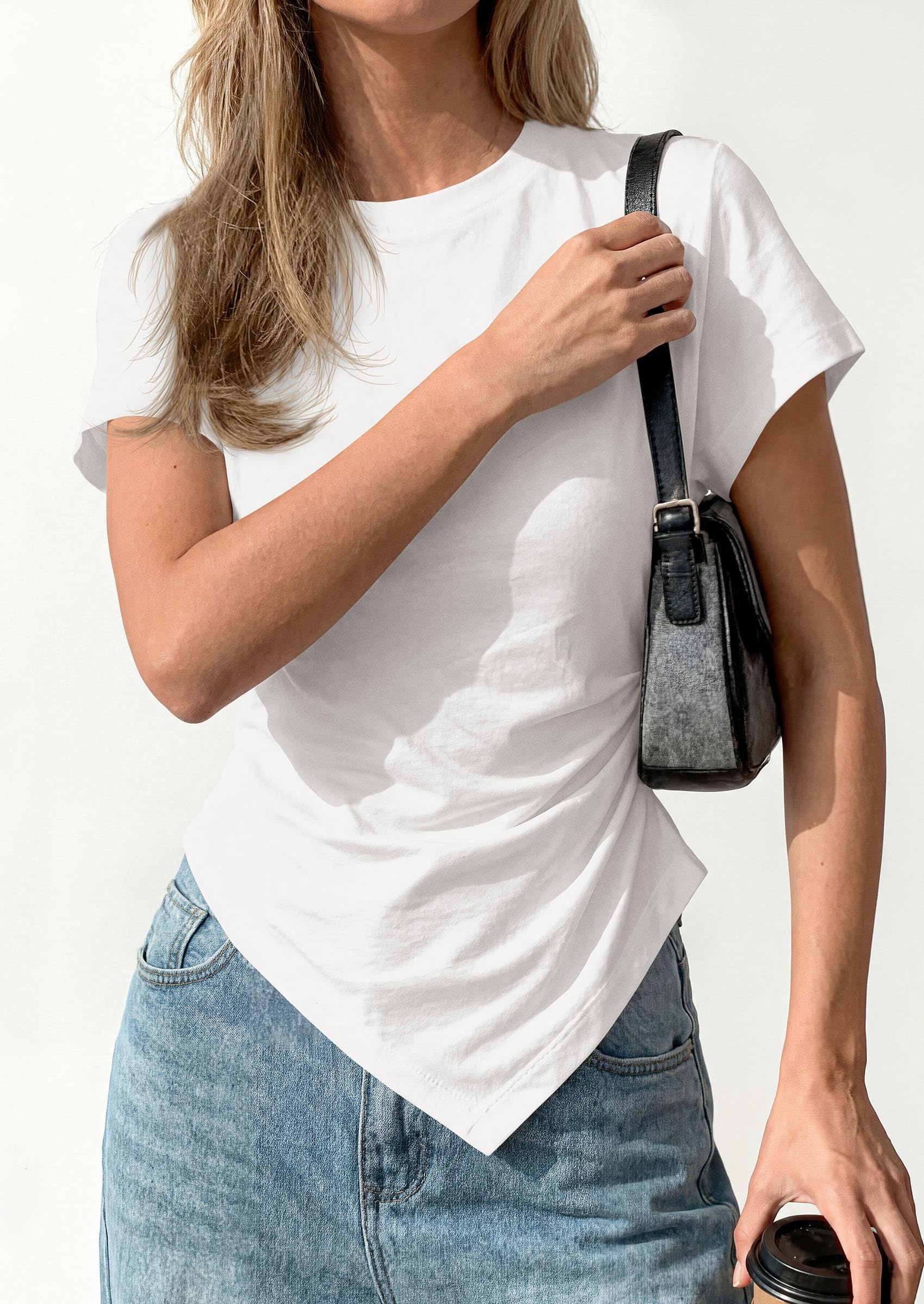 Womens Asymmetrical Summer Short Sleeve Tops,White,S