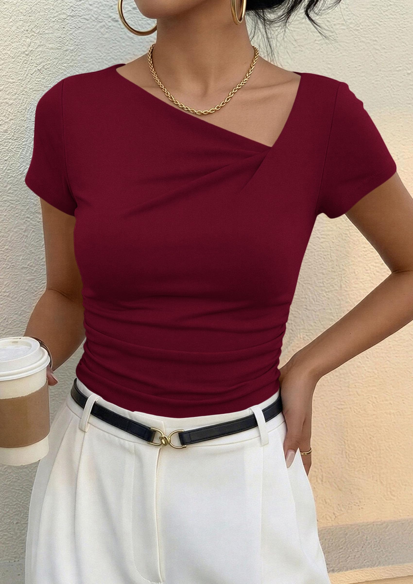 Women's Summer Trendy Asymmetrical Y2K Tops (Burgundy,S)