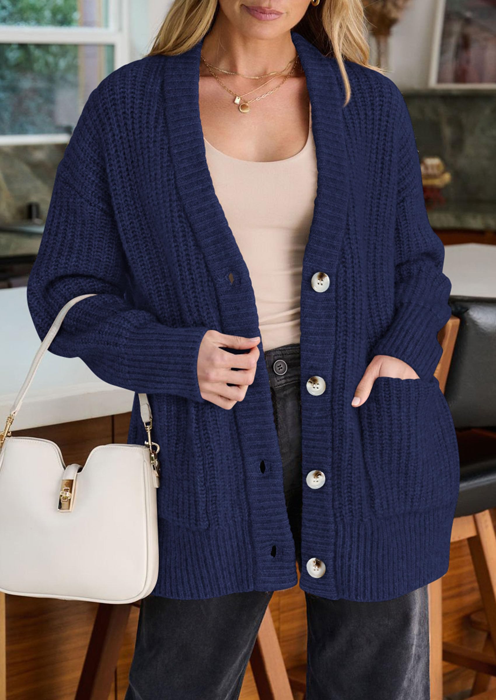 Oversized Cardigan Sweaters for Women Button Up,Navy Blue,S