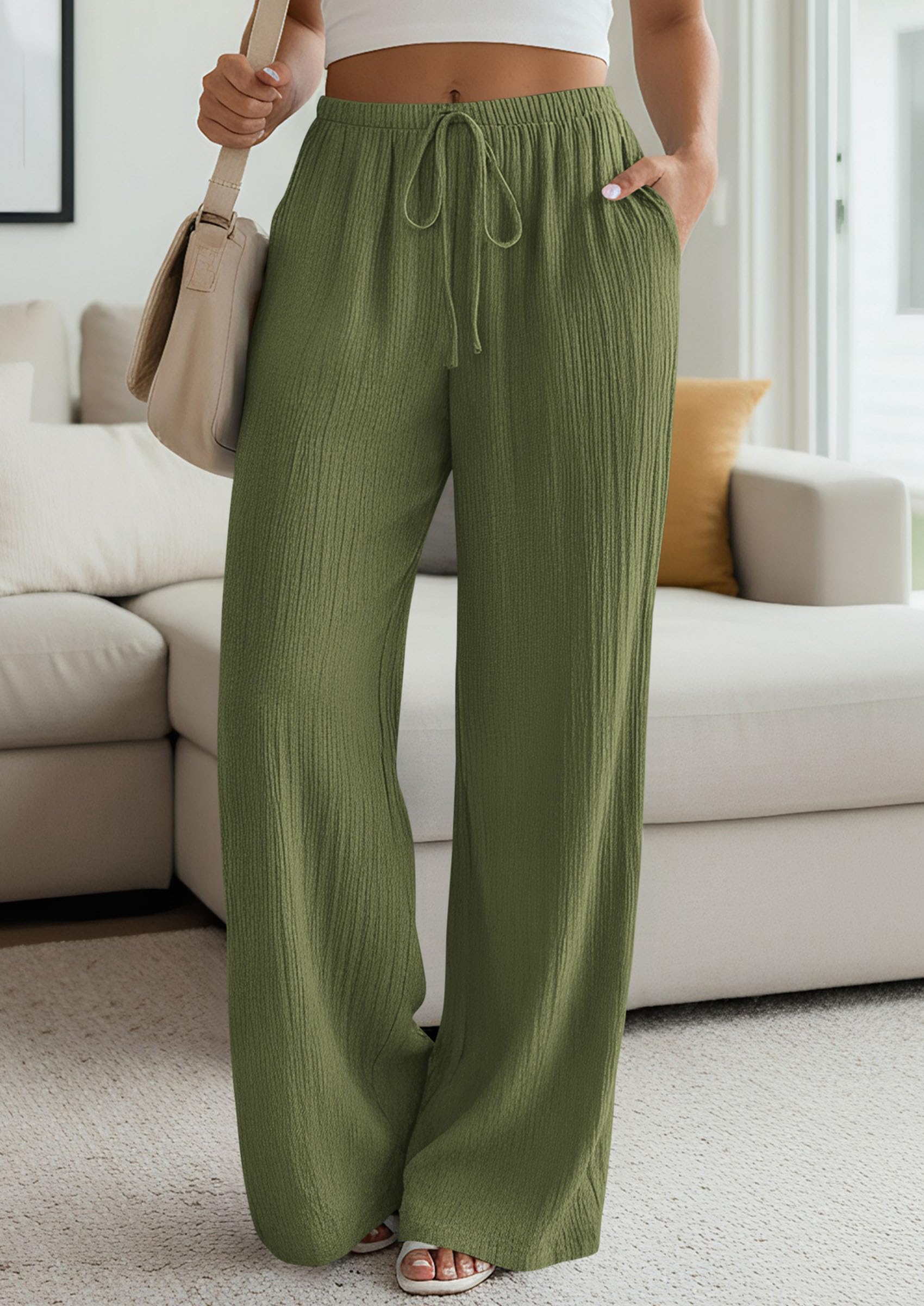 Women's Palazzo Pants Casual Wide Leg Trousers,Army Green,S
