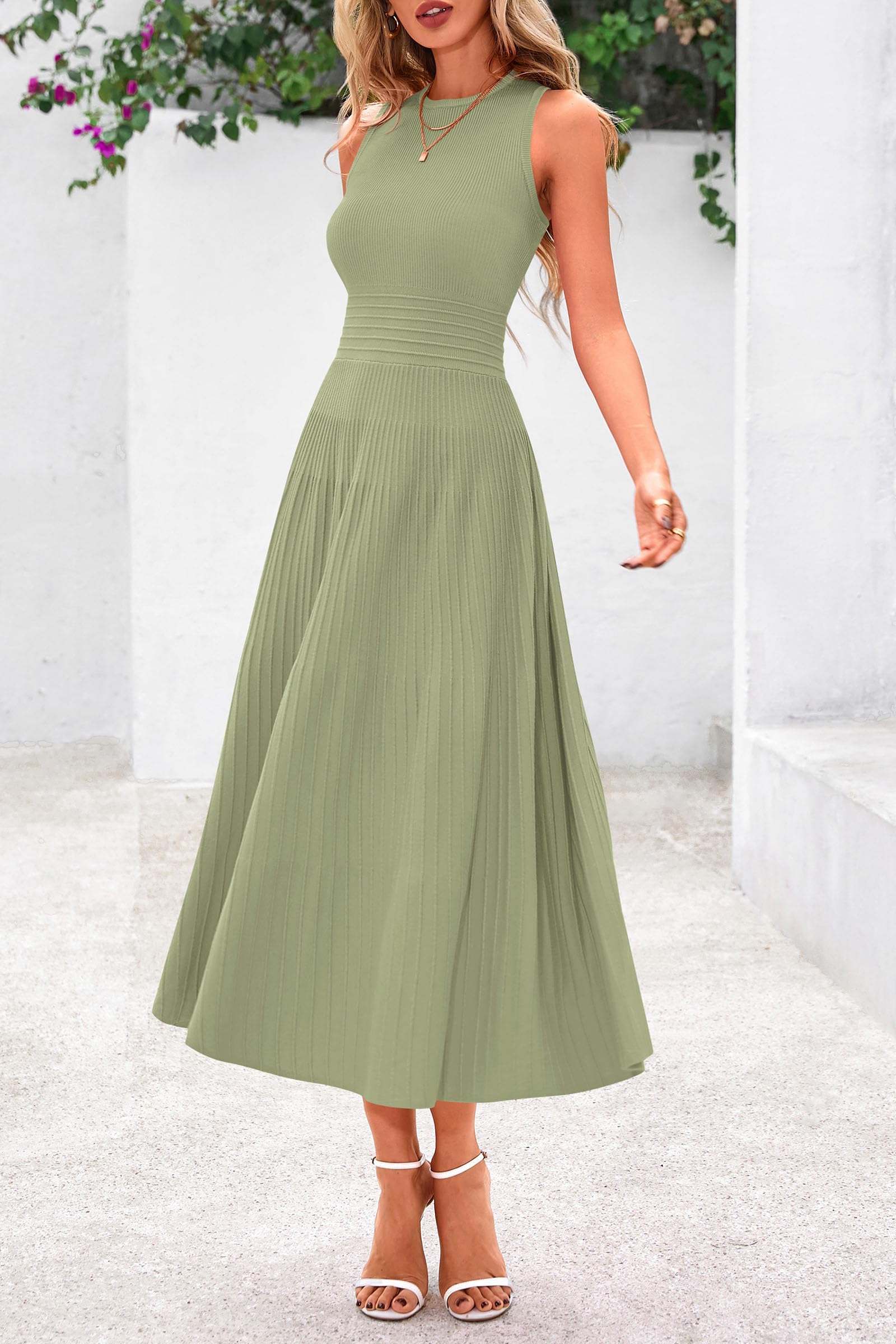 Women's Summer Pleated Midi Work Dress,Mist Green,S