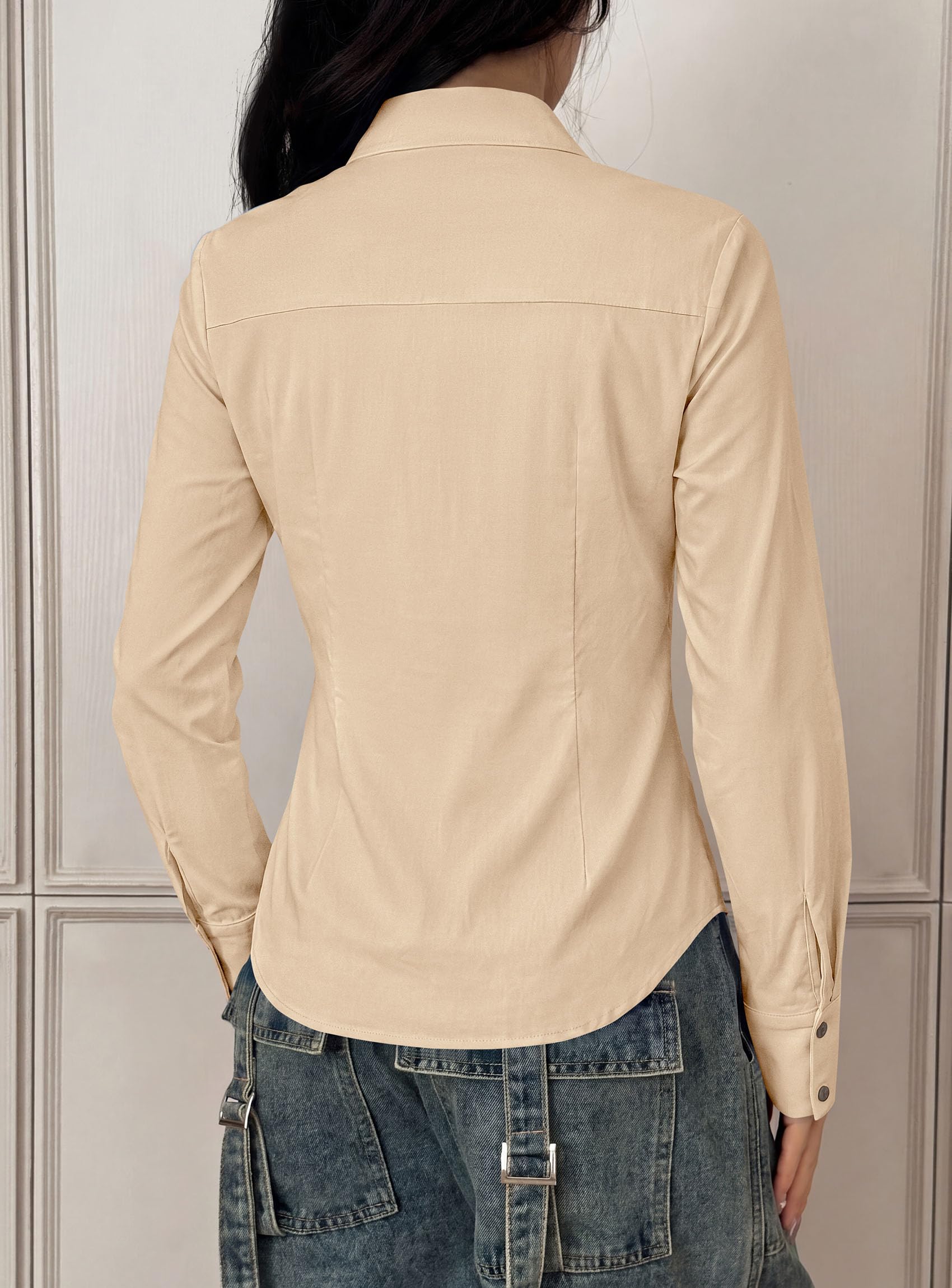 Womens Button Down Shirts Long Sleeve Blouse (Light Khaki,S)