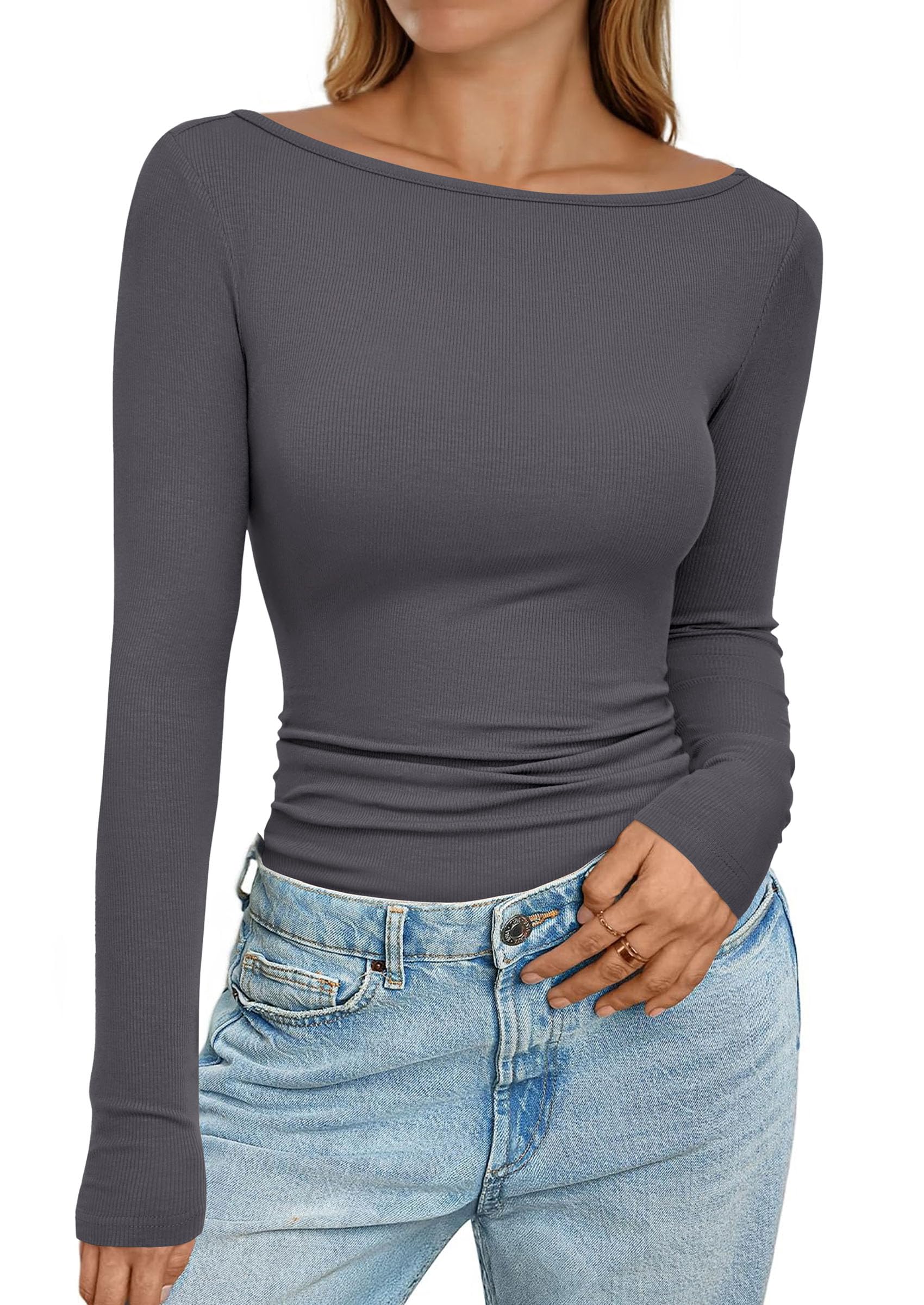Long Sleeve T Shirts for Women Basic Ribbed Boat Neck Tops