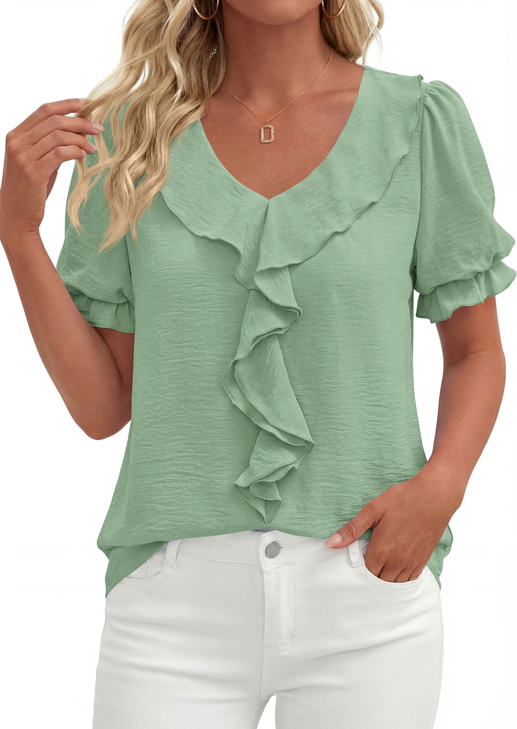 Women's Summer Ruffle Dressy Casual Blouses (Light Green,S)