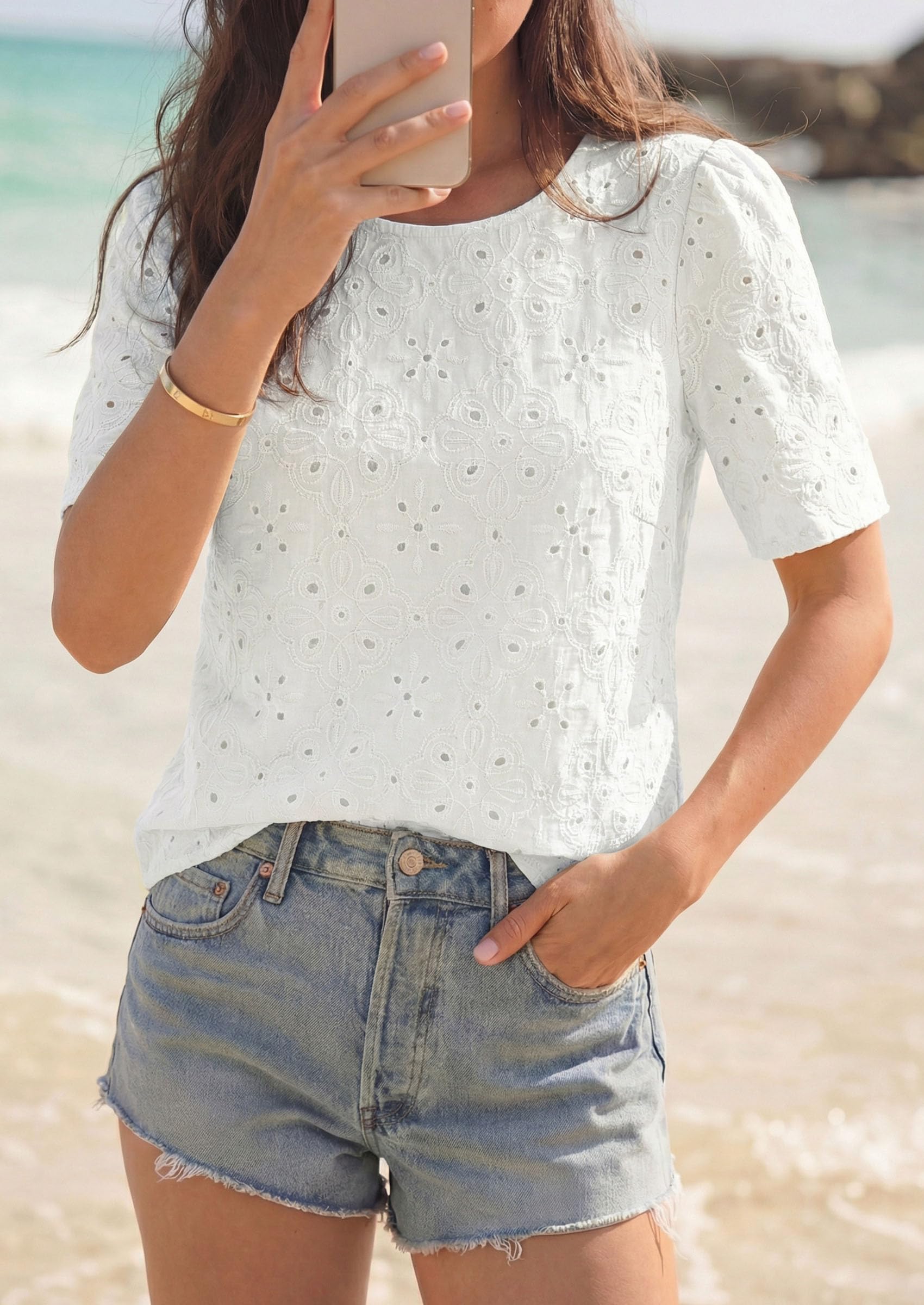 Women's Embroidered Eyelet Short Sleeve Blouse, White,XS