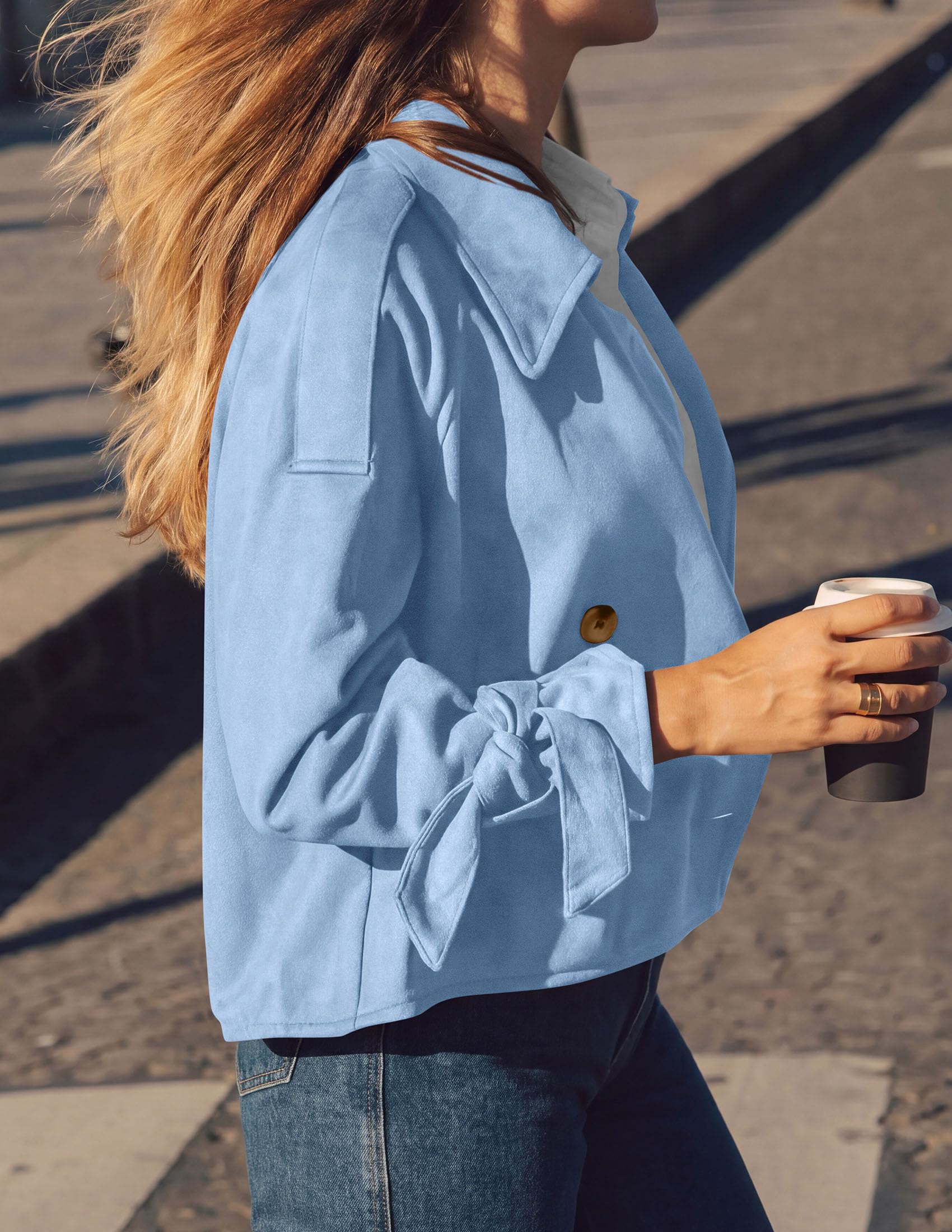 Women Faux Suede Double Breasted Trench Coat Cropped Jackets
