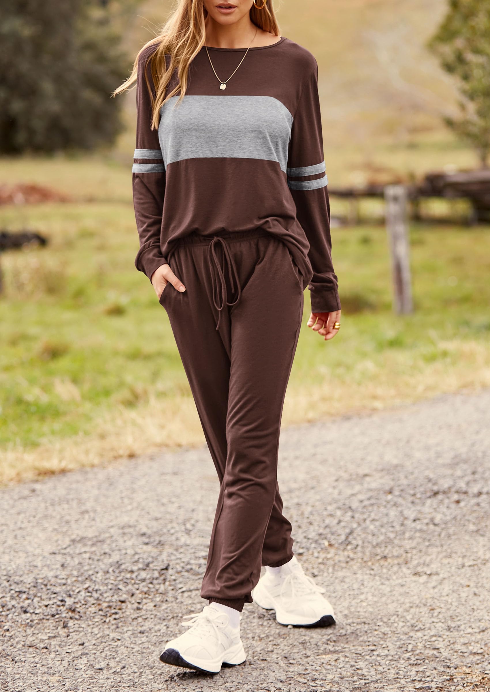 Women Color Block 2 Piece Sets Tracksuit,Brown,S