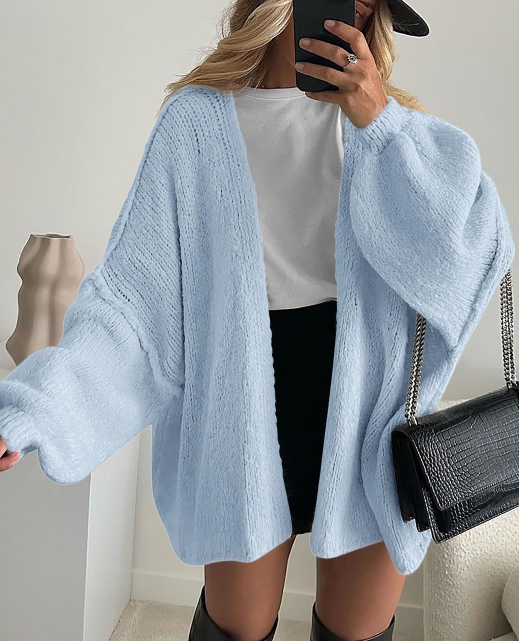 Womens Open Front Oversized Cardigan Sweaters,Light Blue,XS