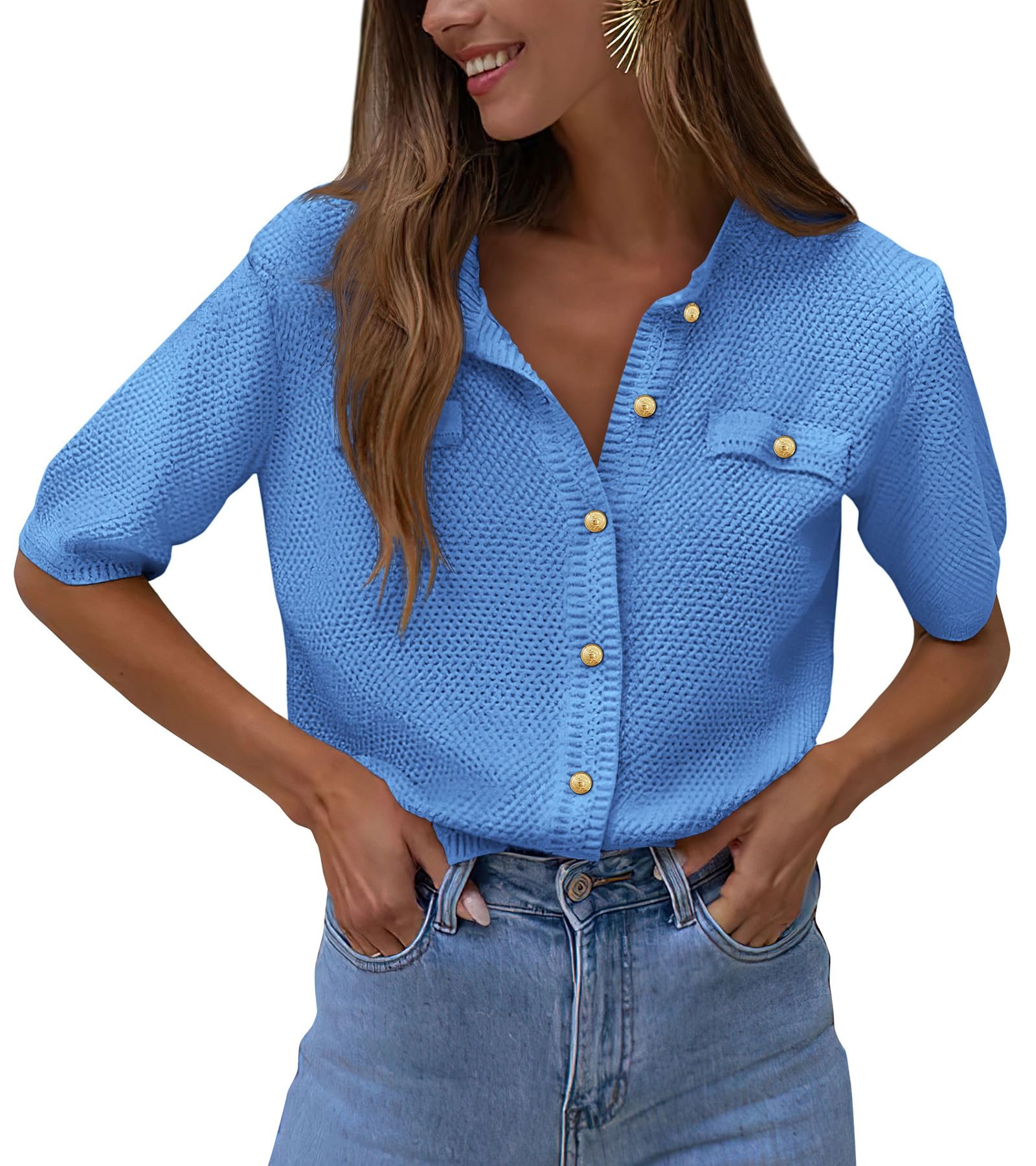 Women's Summer Casual Button Down Shirts Blue,Small