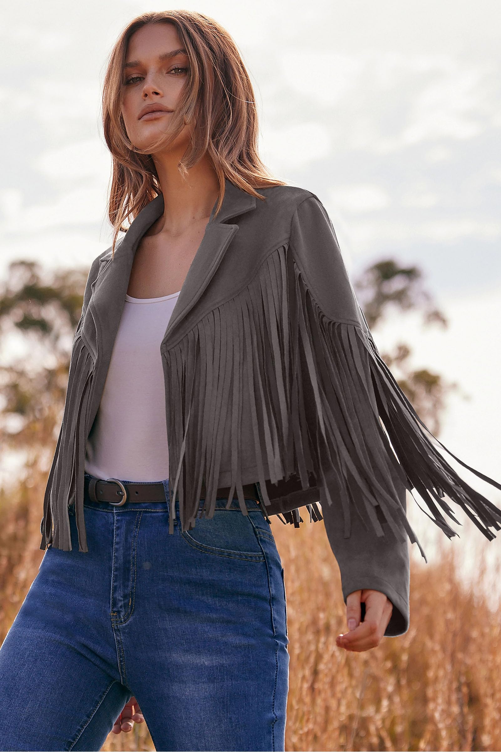 Women's Fringe Faux Suede Leather Jackets,Silver Grey,S